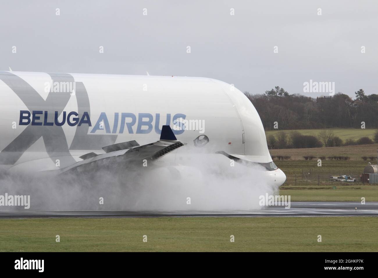 Flughafen Glasgow Prestwick, Ayrshire, Schottland. Großbritannien, 11. März 2020. Airbus A300-600ST, bekannt als Beluga bei einer Trainingsübung Stockfoto