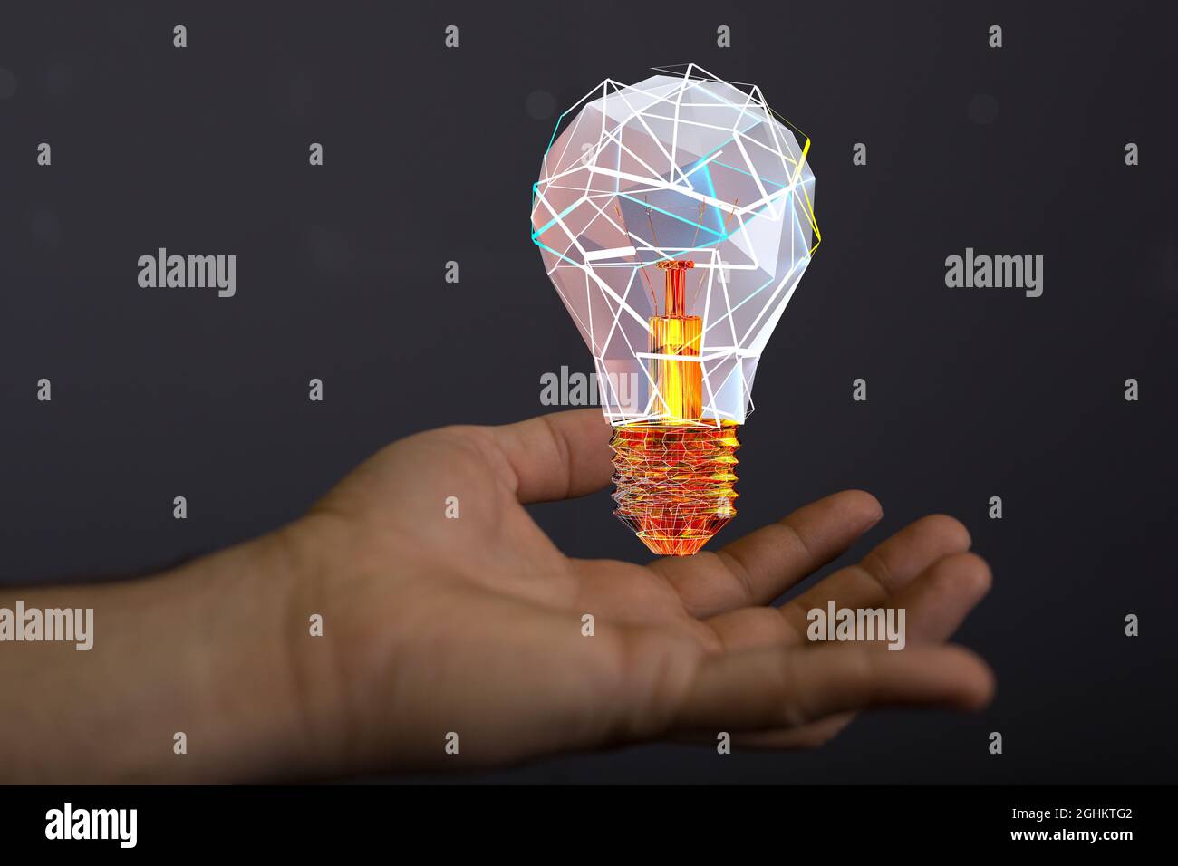 3D-gerenderte futuristische Glühbirne, die vor einem schwarzen Hintergrund über der Hand eines Mannes schwebt Stockfoto