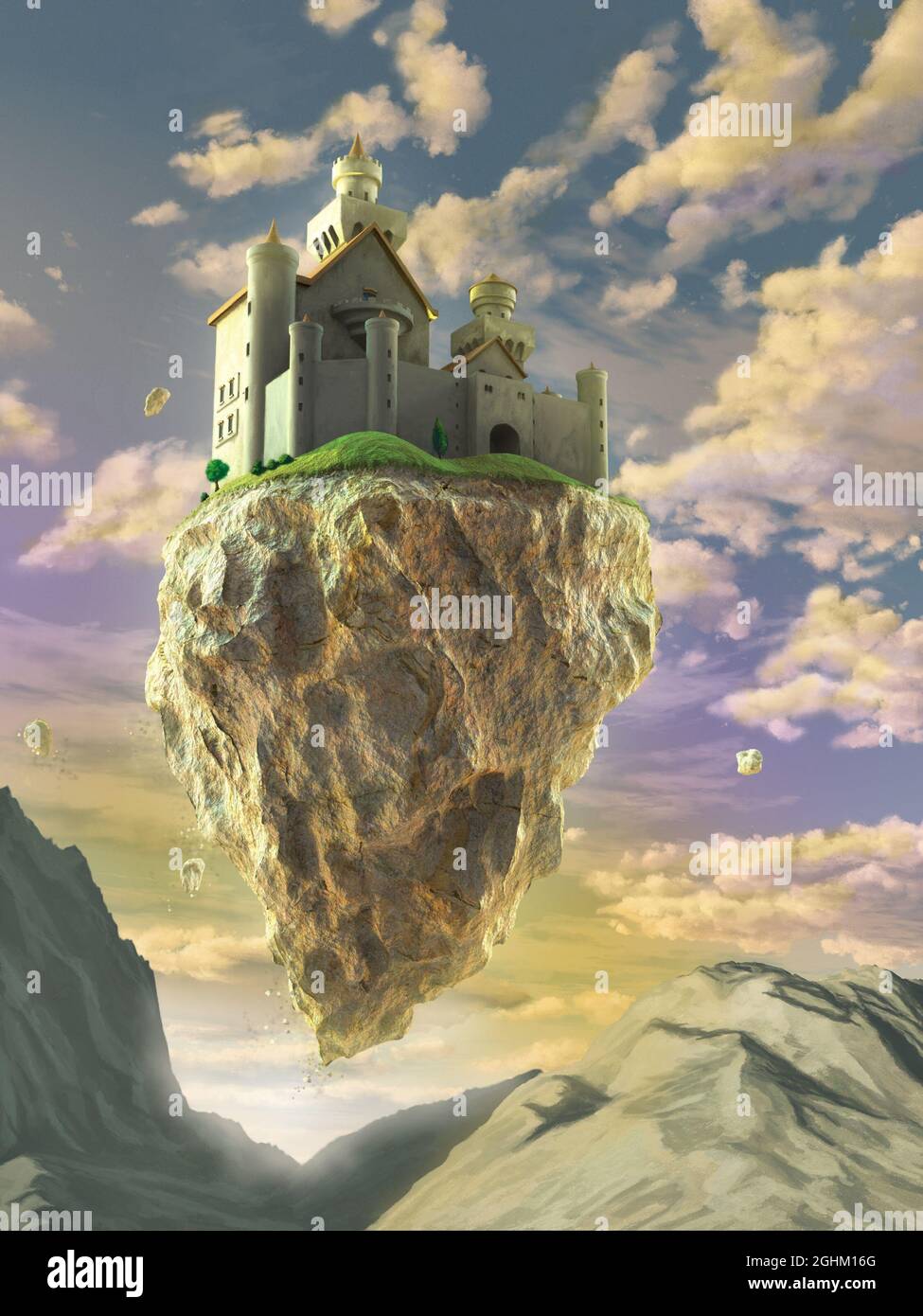 Fantasy-Burg, die auf einem großen Felsen über einer wunderschönen Sonnenuntergangslandschaft schwebt. Digitale Illustration. Stockfoto