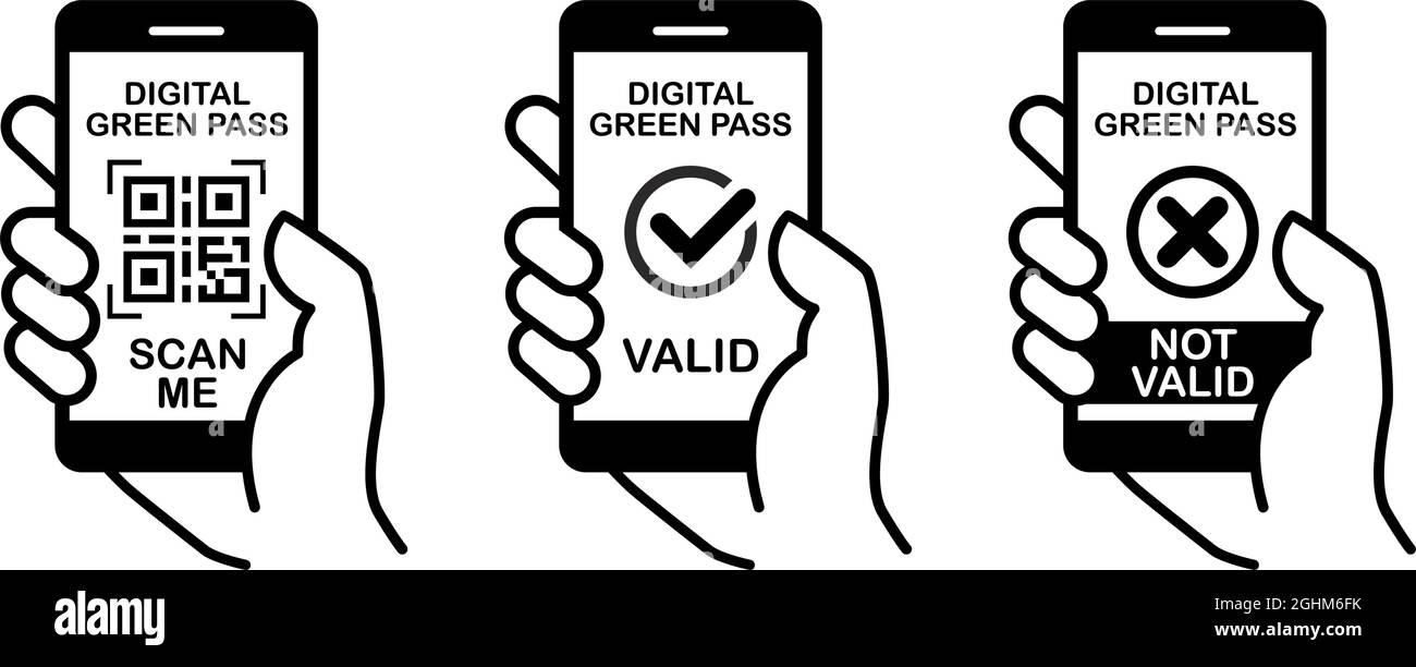 Digital Green Pass-Symbole gültig und ungültig. Zugang zur Freizügigkeit während der Coronavirus-Pandemie. Strichgrafikvektor auf transparentem Hintergrund. Stock Vektor