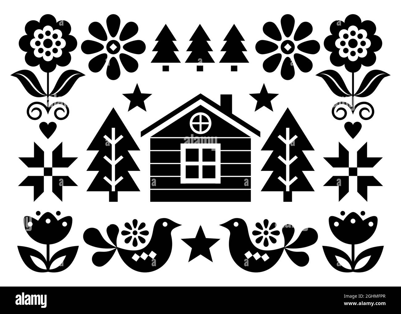 Weihnachten skandinavische Volkskunst Vektor-Grußkarten-Design im 5x7-Format mit Weihnachtsbäumen, Vögeln, Blumen und finnischem Haus - schwarz und weiß Stock Vektor
