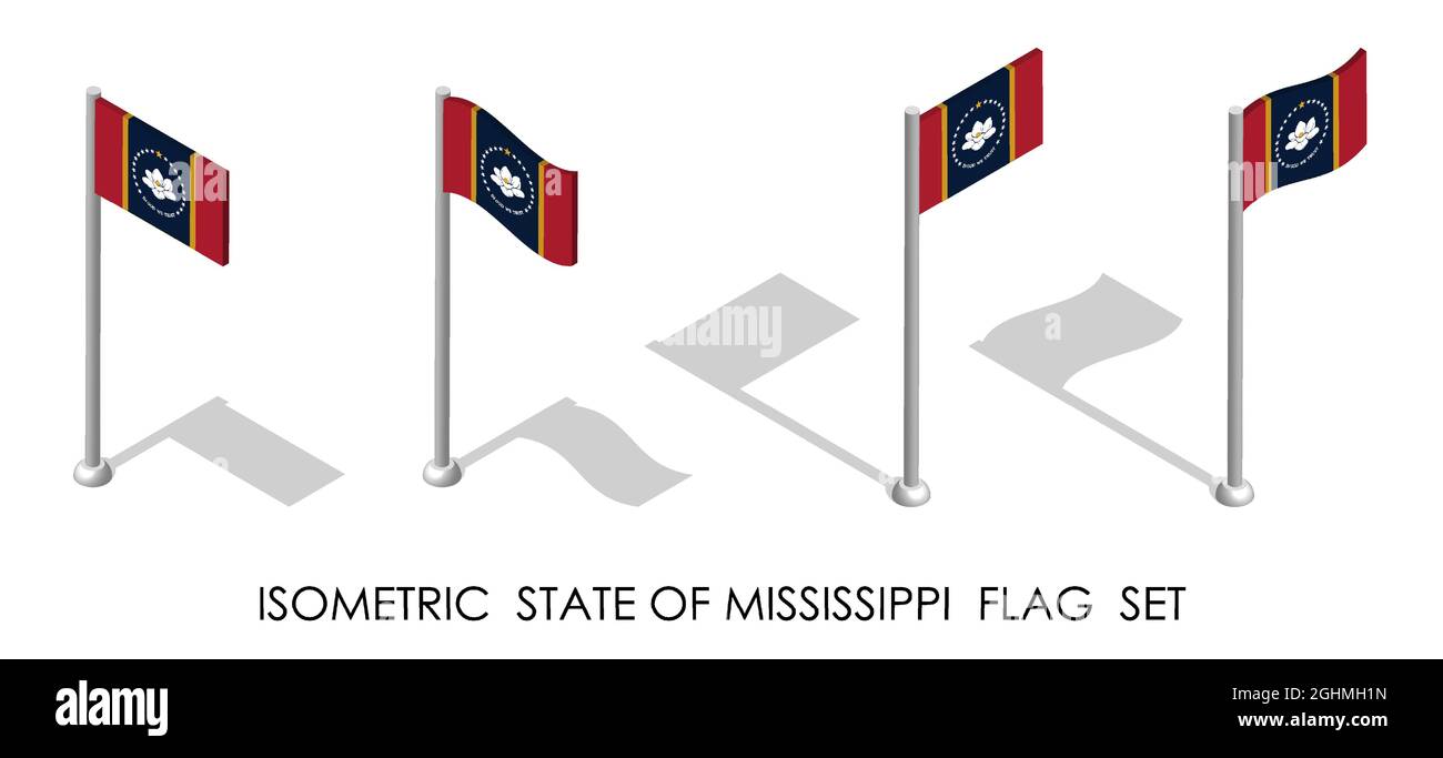 Isometrische Flagge des amerikanischen Staates Mississippi in statischer Position und in Bewegung auf Fahnenmast. 3d-Vektor Stock Vektor