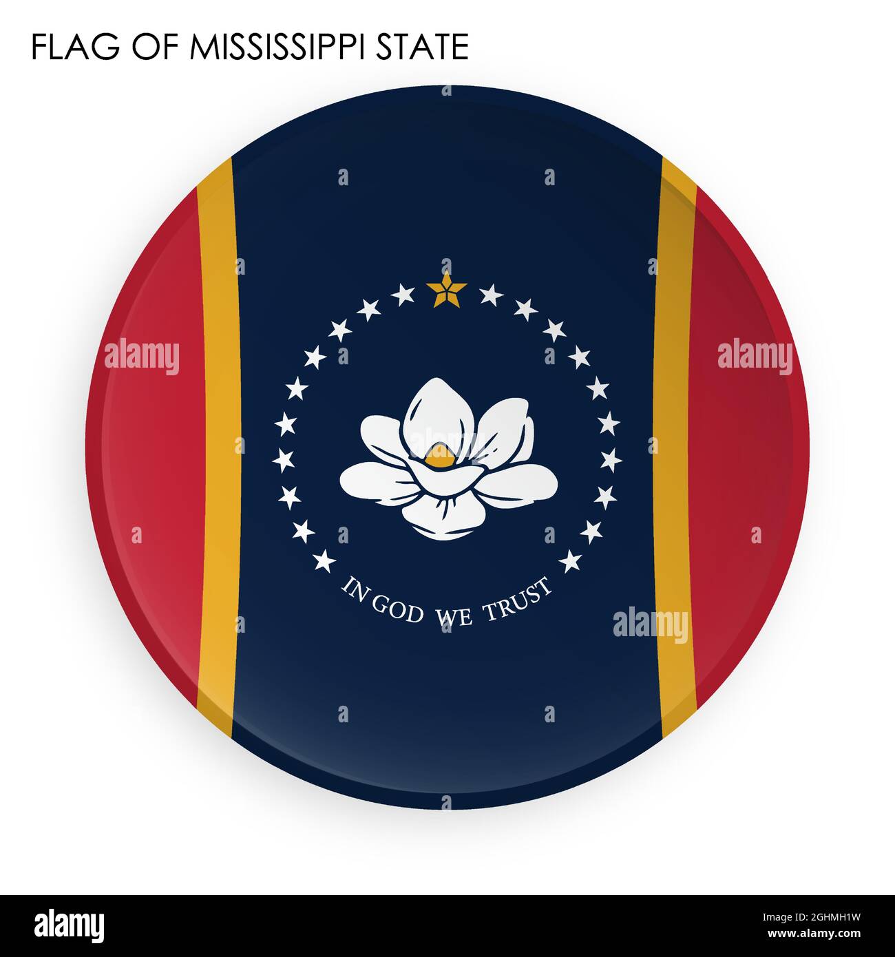 symbol der amerikanischen Flagge des US-Bundesstaates Mississippi im modernen Neomorphismus-Stil. Schaltfläche für mobile Anwendung oder Web. Vektor auf weißem Hintergrund Stock Vektor