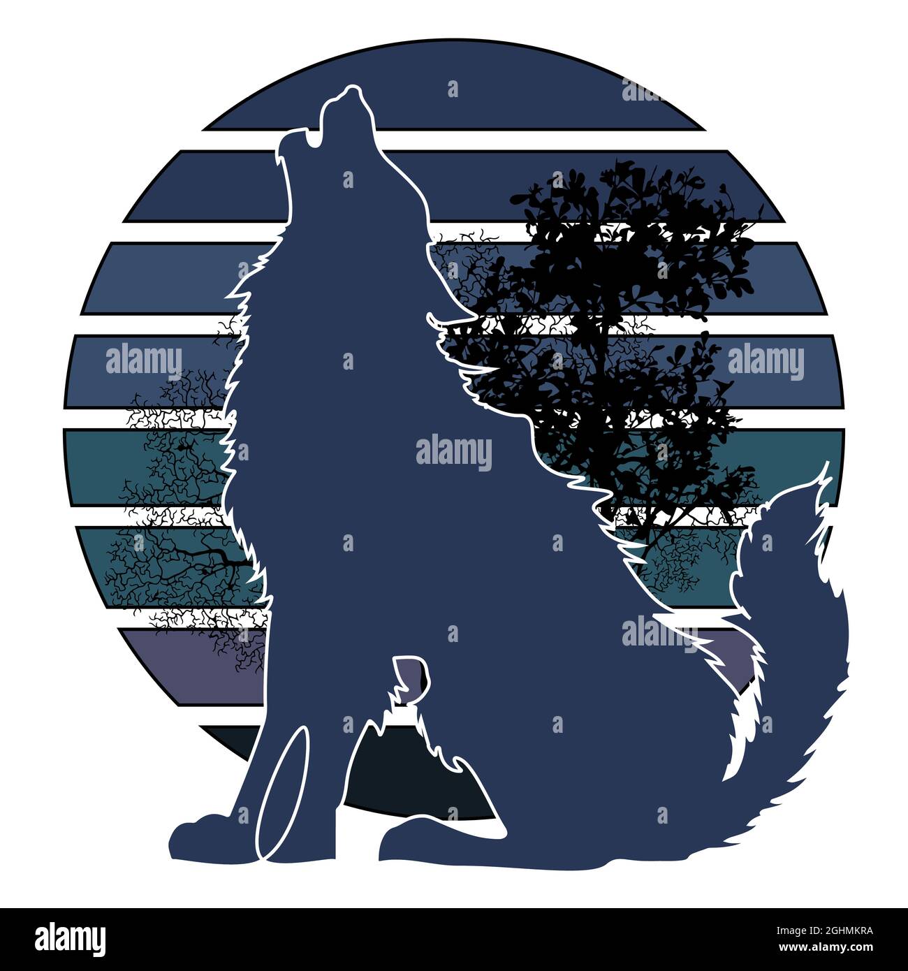 Wolf Howling at the Moon in the Midnight Vector für T-Shirt Design Stock Vektor