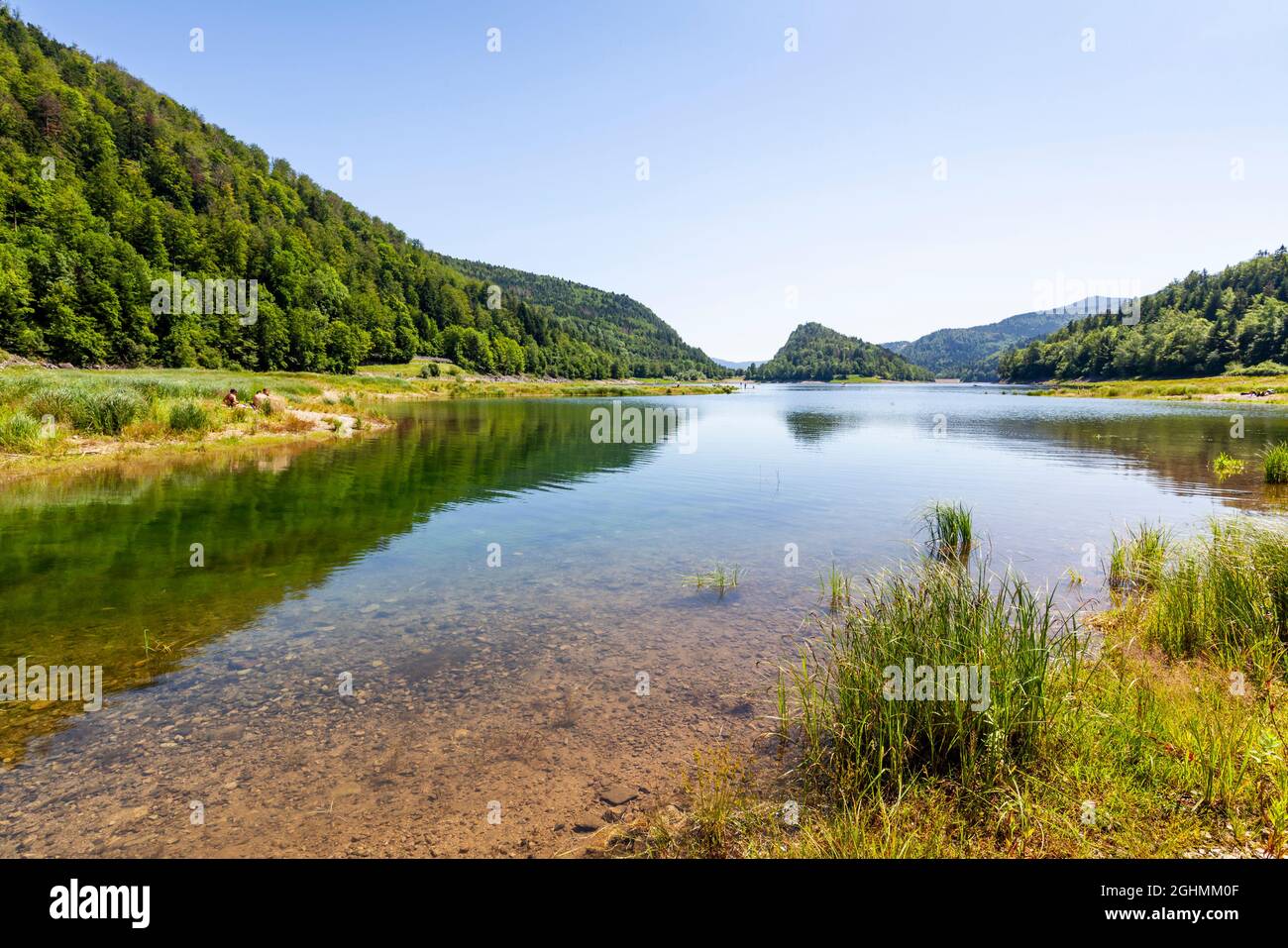 Landschaft am See Lac de Kruth-Wildenstein im Elsass, Frankreich mit blauem Himmel, grünen Wäldern und Gras im Sommer Stockfoto