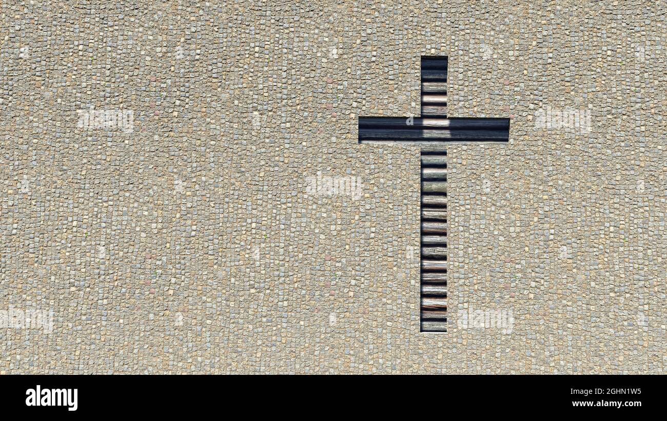 Konzept oder konzeptionelle Holzlogg Kreuz auf einem Steinpflaster Hintergrund. 3d-Illustration Metapher für Gott, Christus, Christentum, religiös, Glauben, heilig Stockfoto