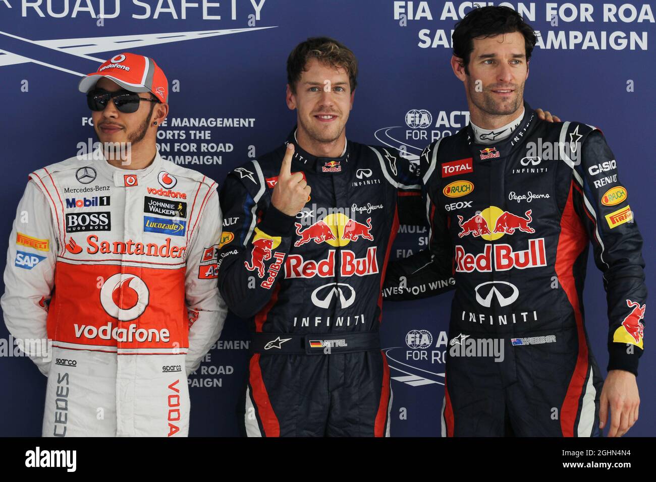Pole Position für Sebastian Vettel (GER), Red Bull Racing, 2. Für Mark Webber (AUS), Red Bull Racing und 3. Für Lewis Hamilton (GBR), McLaren Mercedes 27.10.2012. Formel-1-Weltmeisterschaft, Rd 17, Großer Preis Von Indien, Neu-Delhi, Indien, Qualifizierender Tag Stockfoto