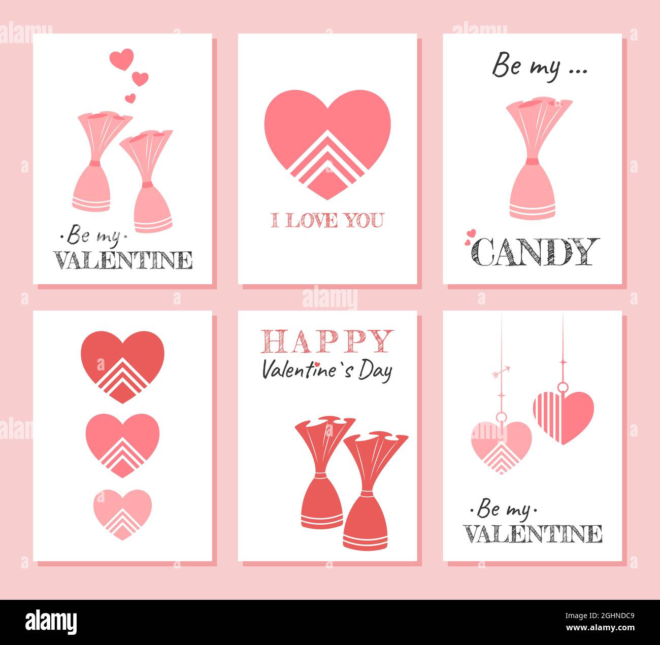 Niedliche Weihnachts-Set von Grußkarten zum Valentinstag. Schöne Postkarten-Vorlagen mit rosa Herzen, Süßigkeiten und Text. Stylische, minimalistische Poster Stock Vektor