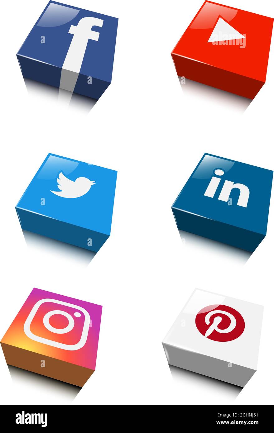 3d-Logos sozialer Netzwerke in Vektorgrafik, facebook, youtube, twitter, Linked'in, instagram und pinterest Stock Vektor