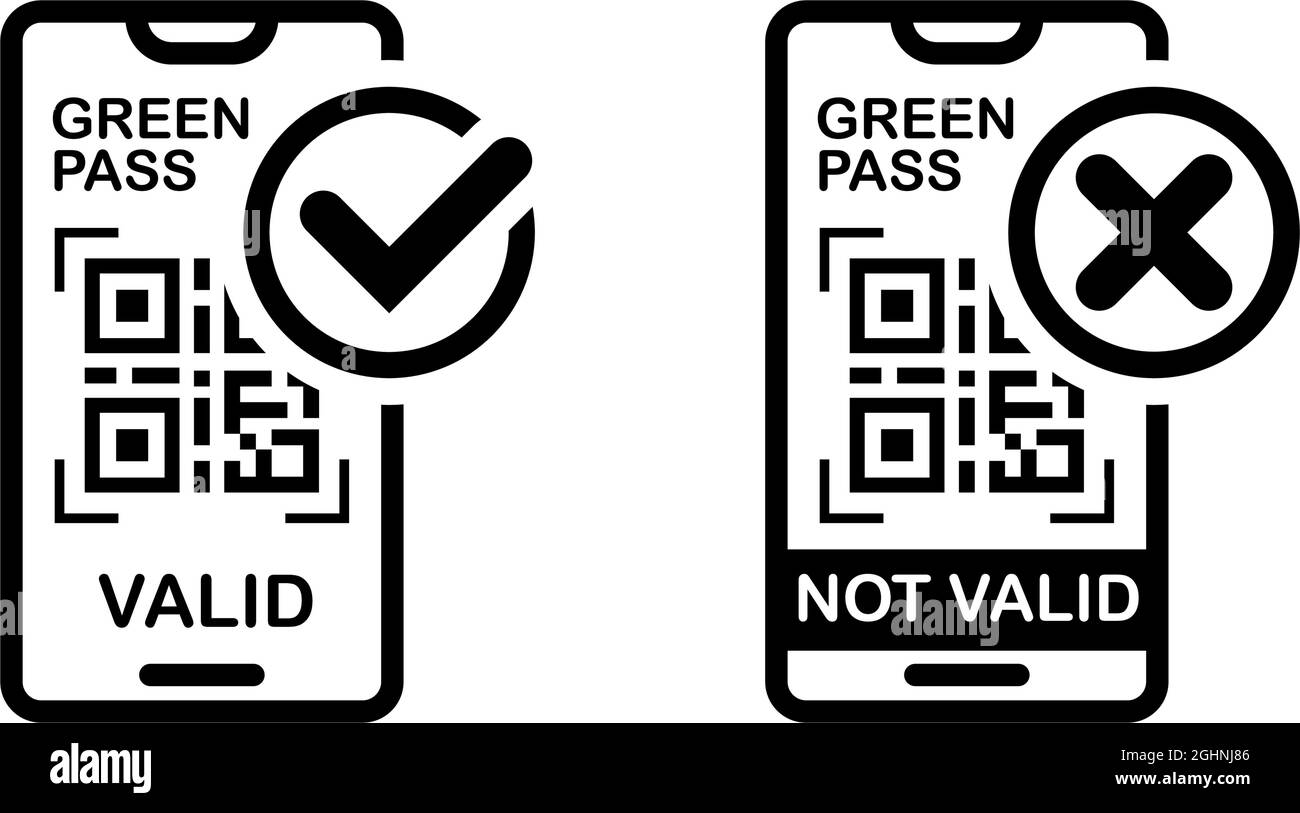 Digital Green Pass-Symbole gültig und ungültig. Zugang zur Freizügigkeit während der Coronavirus-Pandemie. Strichgrafikvektor auf transparentem Hintergrund. Stock Vektor