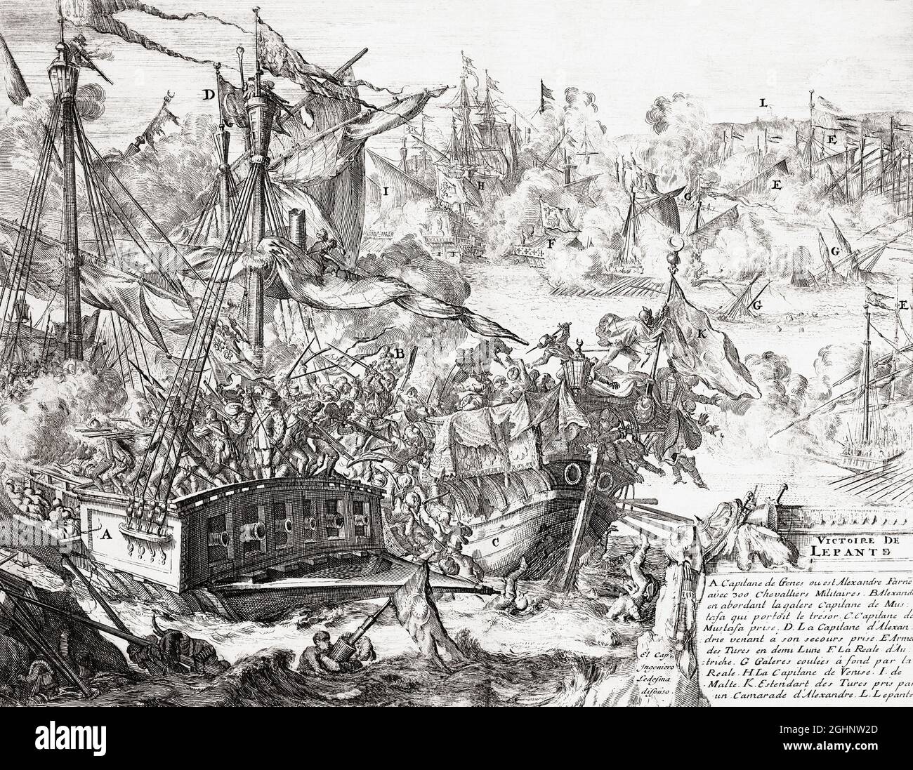 Die Schlacht von Lepanto, 7. Oktober 1571, als die Flotte der Heiligen Liga, einer Koalition katholischer Staaten, die Flotte des Osmanischen Reiches entscheidend besiegte. Nach einer Arbeit aus dem späten 17. Jahrhundert. Stockfoto