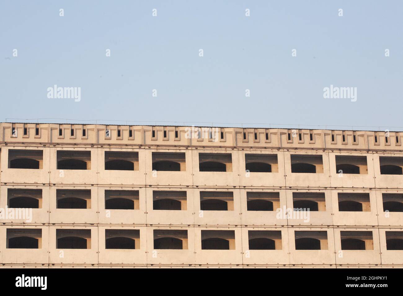Der Bau der Gebäude ist alte Technik, Fertighäuser Stockfoto