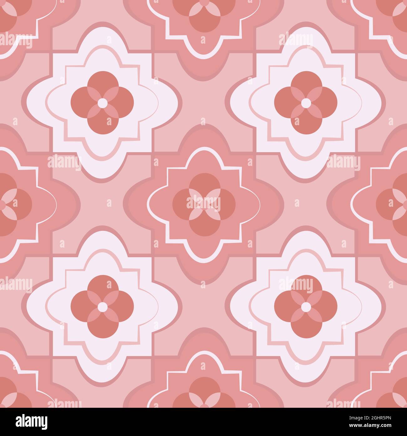 Quatrefoil nahtlose Vektor-Muster Hintergrund. Hintergrund im Azulejo-Stil mit historischen Folienmotiven in monochromem Pink. Dekorativ orientalisch-maurisch Stock Vektor