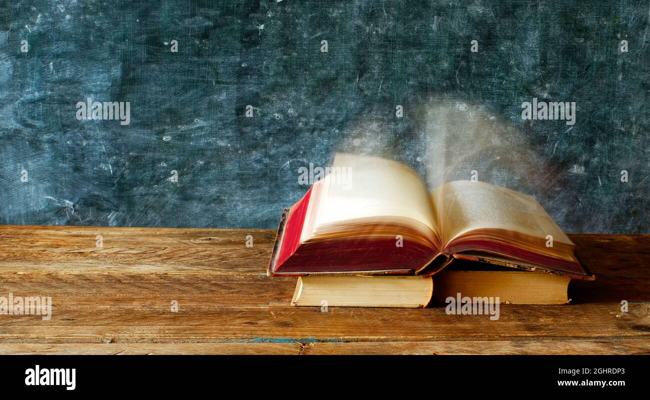 Offenes Buch mit verschwommenen Seiten.Lesen, Literatur, Bildung, Bibliothek, Home-Office-Konzept, Kopierraum Stockfoto