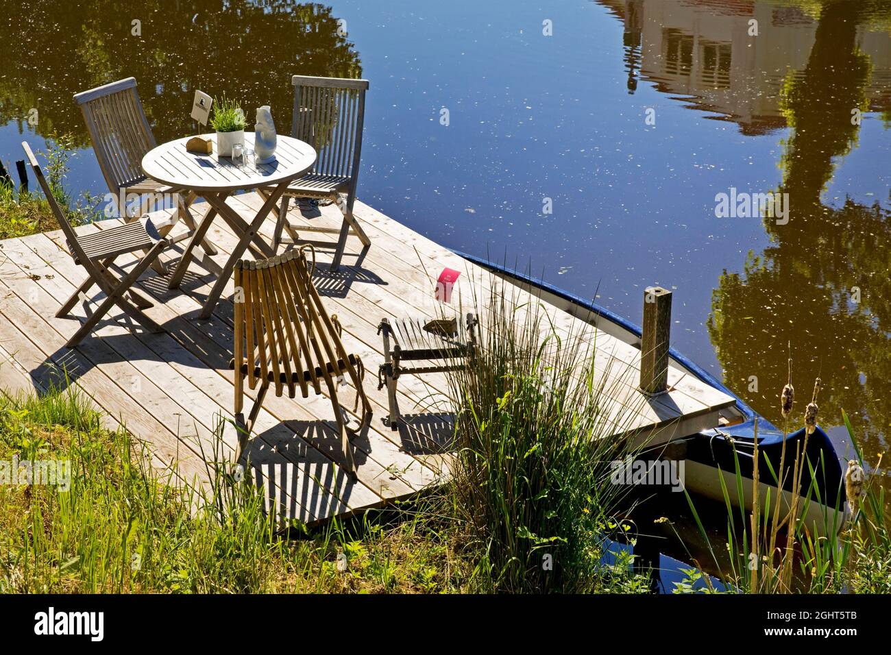 Rastplatz an einem Kanal, Friedrichstadt, Nordfriesland, Schleswig-Holstein, Deutschland Stockfoto