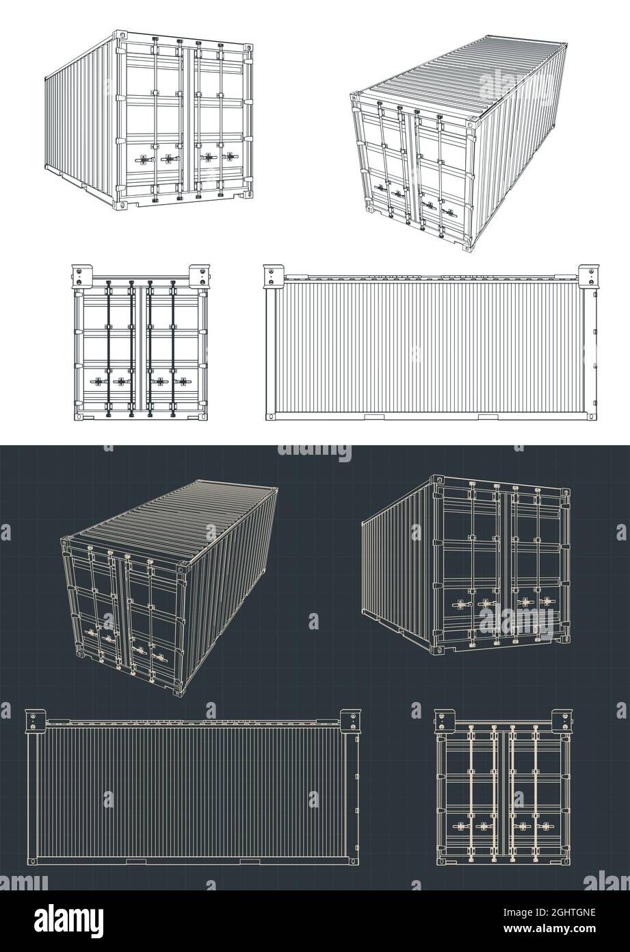 Stilisierte Vektordarstellung von Blaupausen des Transportbehälters Stock Vektor