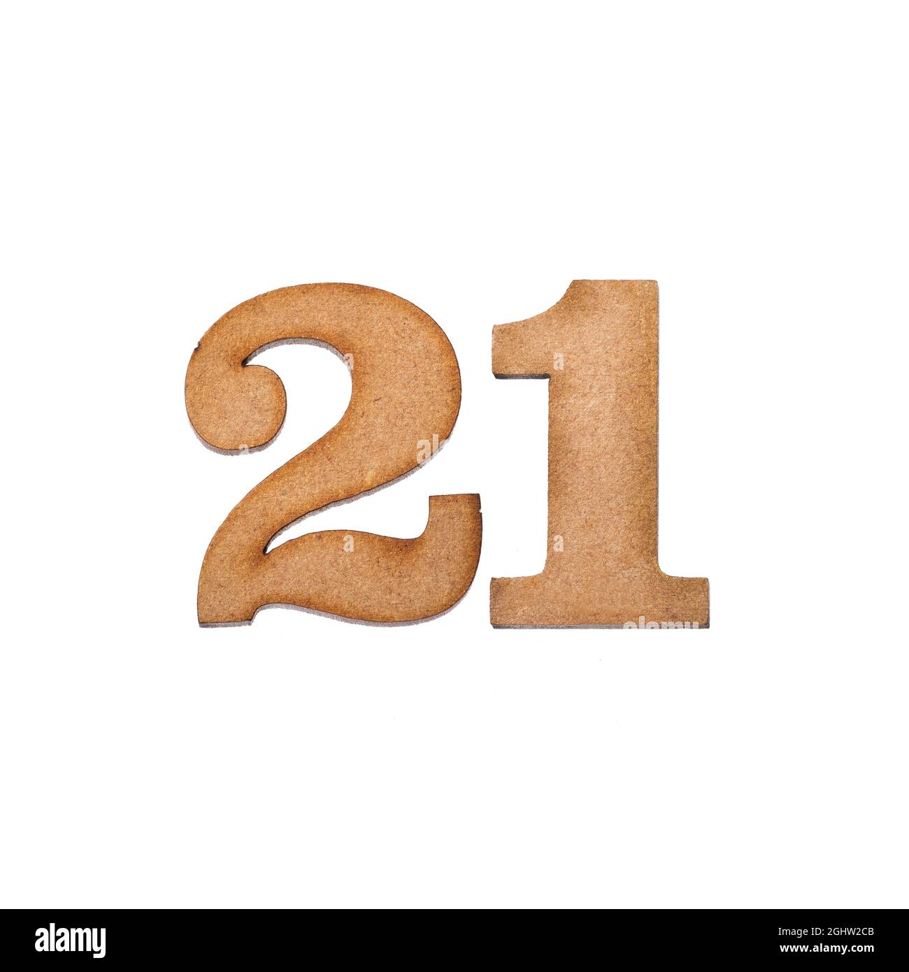 Nummer einundzwanzig, 21 - ein Stück Holz isoliert auf weißem Hintergrund Stockfoto