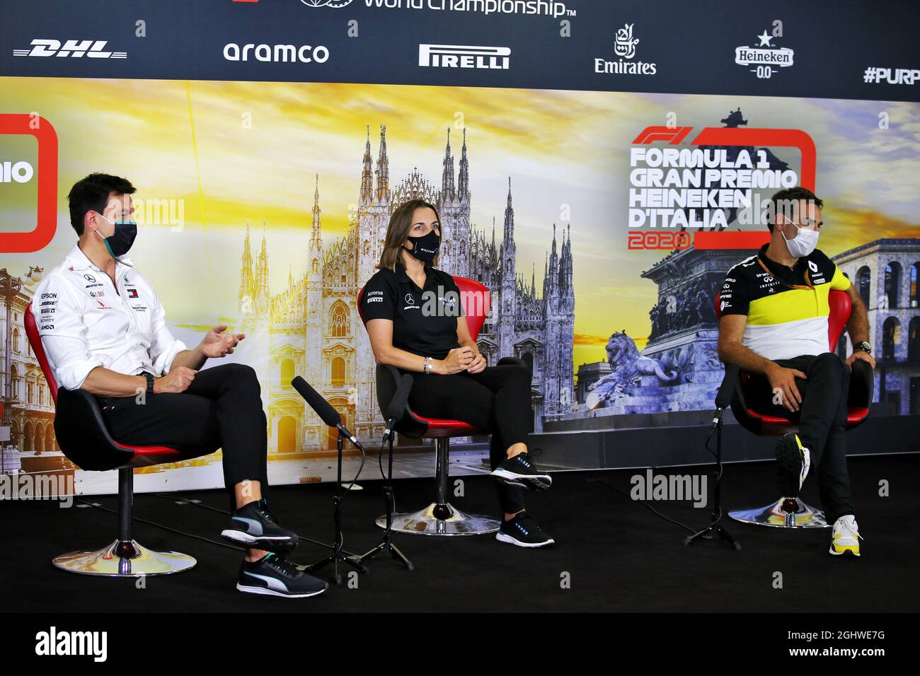 Die FIA-Pressekonferenz (L bis R): Toto Wolff (GER) Mercedes AMG F1-Aktionärin und Geschäftsführerin; Claire Williams (GBR) Williams Racing Deputy Team Principal; Cyril Abiteboul (FRA) Renault Sport F1 Managing Director. 04.09.2020. Formel 1 Weltmeisterschaft, Rd 8, Großer Preis Von Italien, Monza, Italien, Übungstag. Bildnachweis sollte lauten: XPB/Press Association Images. Stockfoto