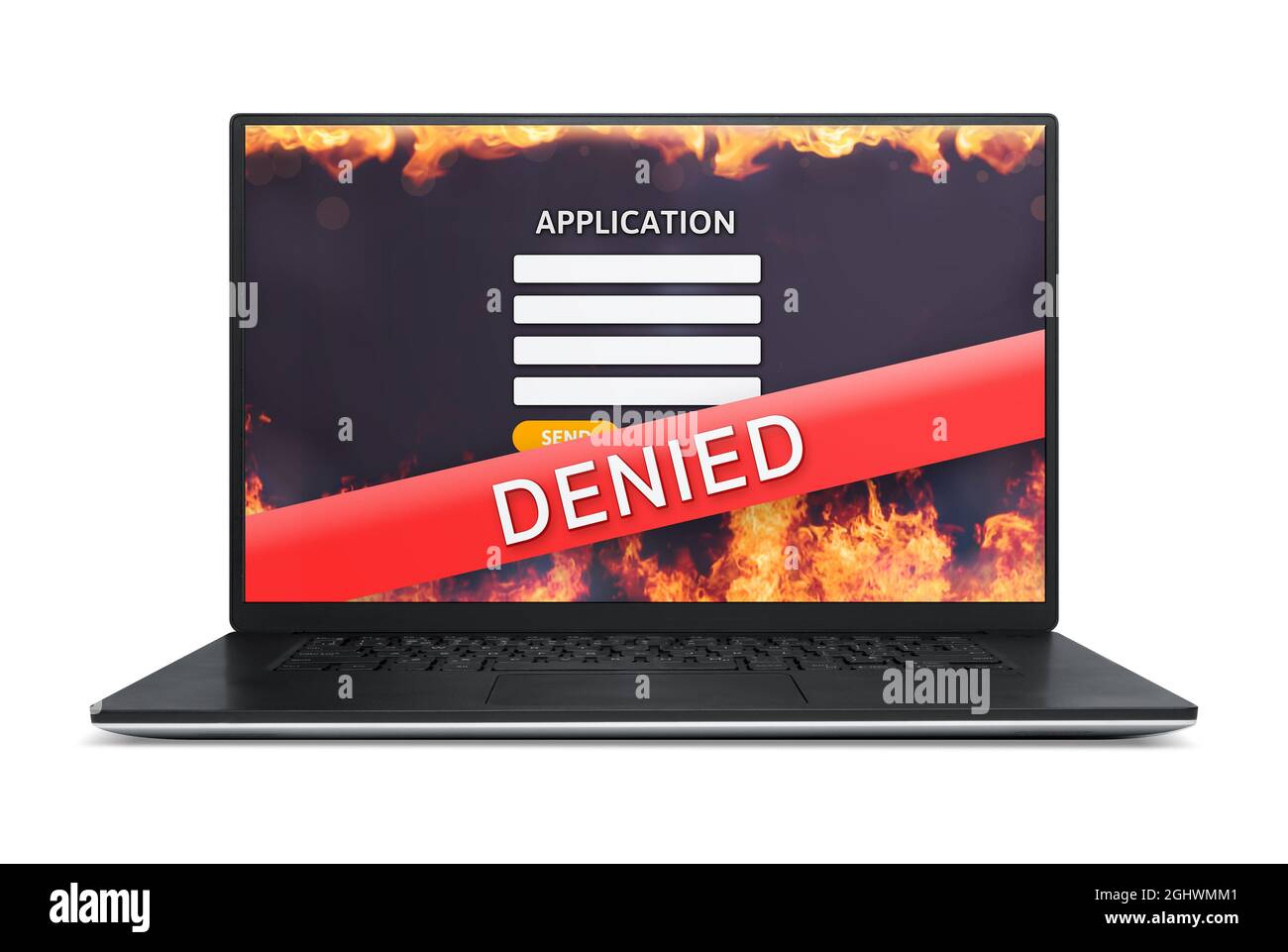 Bildschirm „Anwendung abgelehnt“ auf schwarzem Laptop. Antragsformular für negative Mockup-Website. Konzept zur Ablehnung von Anträgen wie Kreditkarte, Kredit, Stockfoto