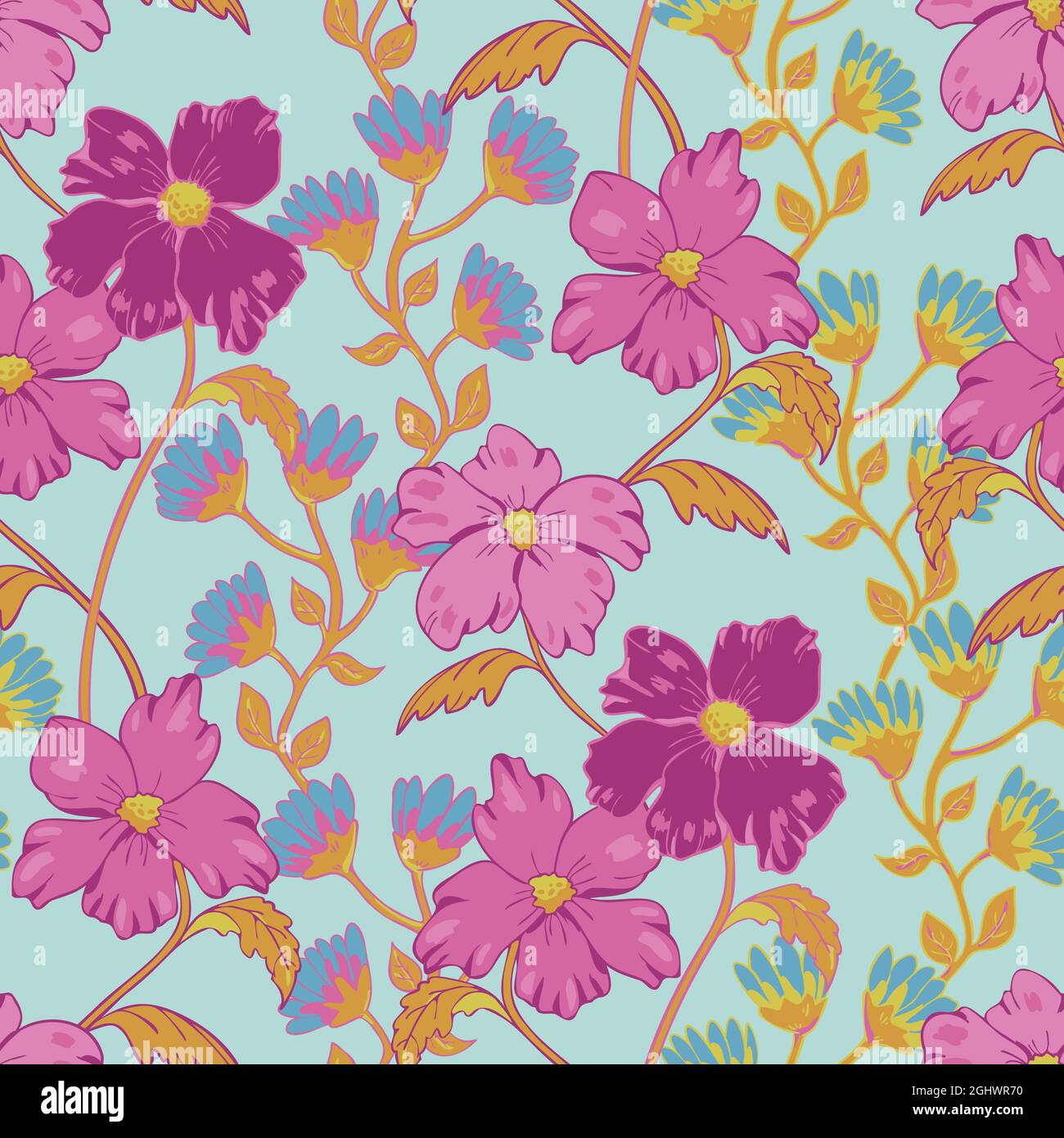 Vektor nahtlose Muster mit schönen Blumen auf hellblauem Hintergrund. Raffiniertes Design mit rosa Blüten. Stock Vektor