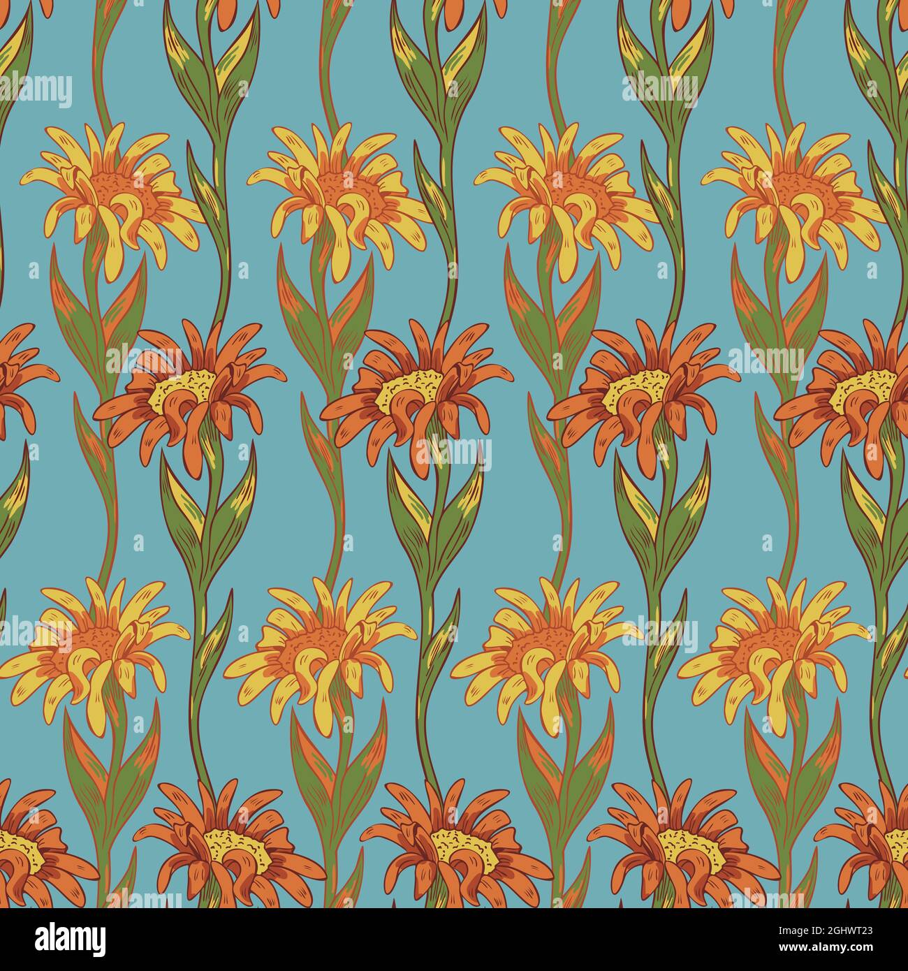 Vektor nahtloses Muster mit bunten Blumen auf kontrastierendem Hintergrund. Handgezeichnetes Design. Stock Vektor