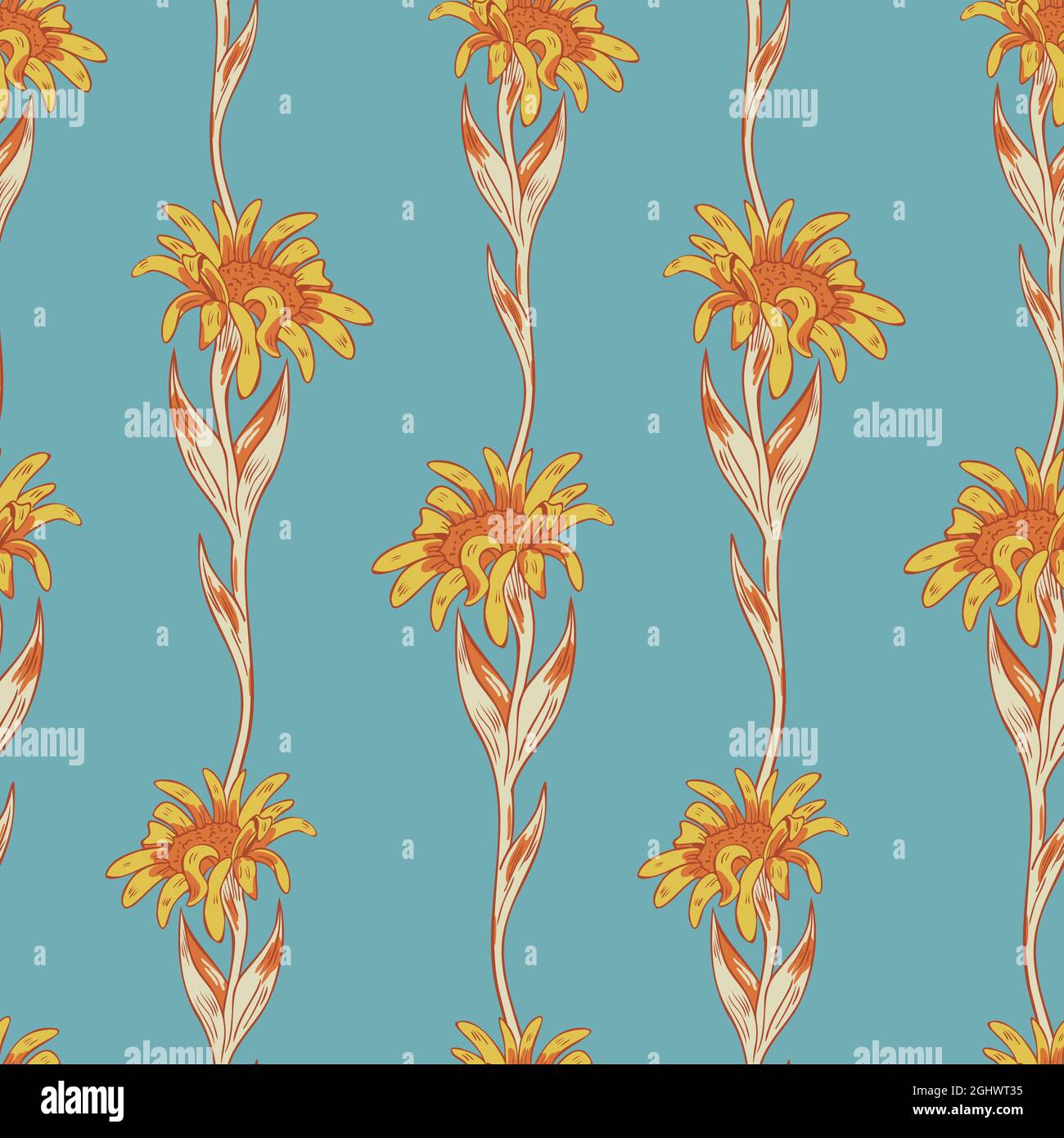 Vektor nahtlose Muster mit hellen Blumen auf blauem Hintergrund. Kontrastierende Blumenverzierung. Stock Vektor