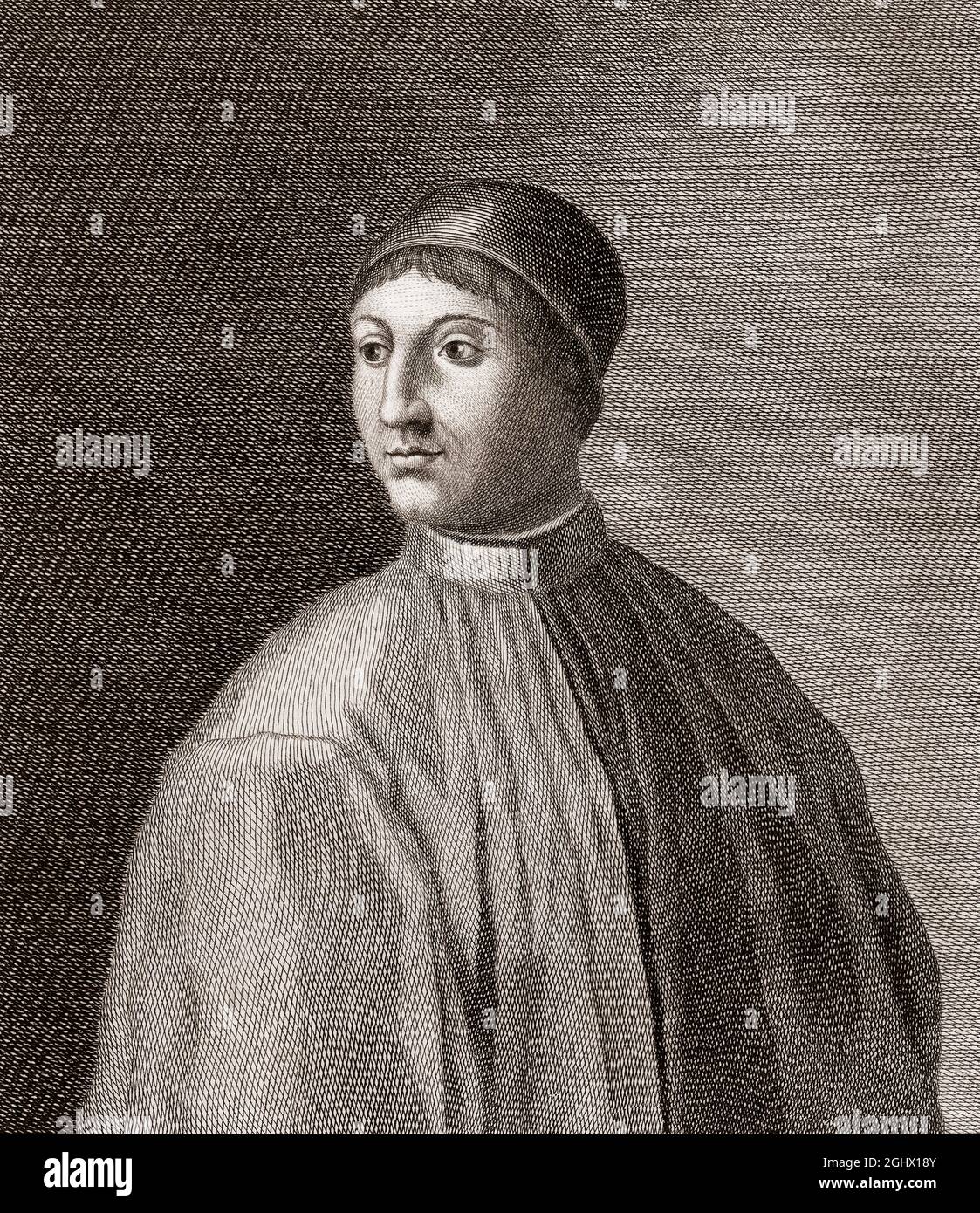 Agnolo Ambrogini, Spitzname Poliziano, 1454 – 1494, ein italienischer Gelehrter der Klassik und Dichter der Florentiner Renaissance Stockfoto