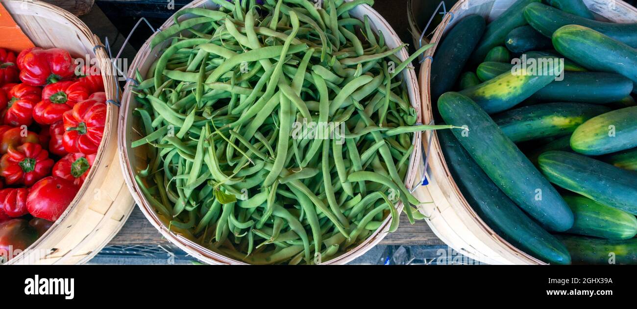 Lebensmittel-Banner Ernte von frischem Gemüse auf dem Markt. Stockfoto