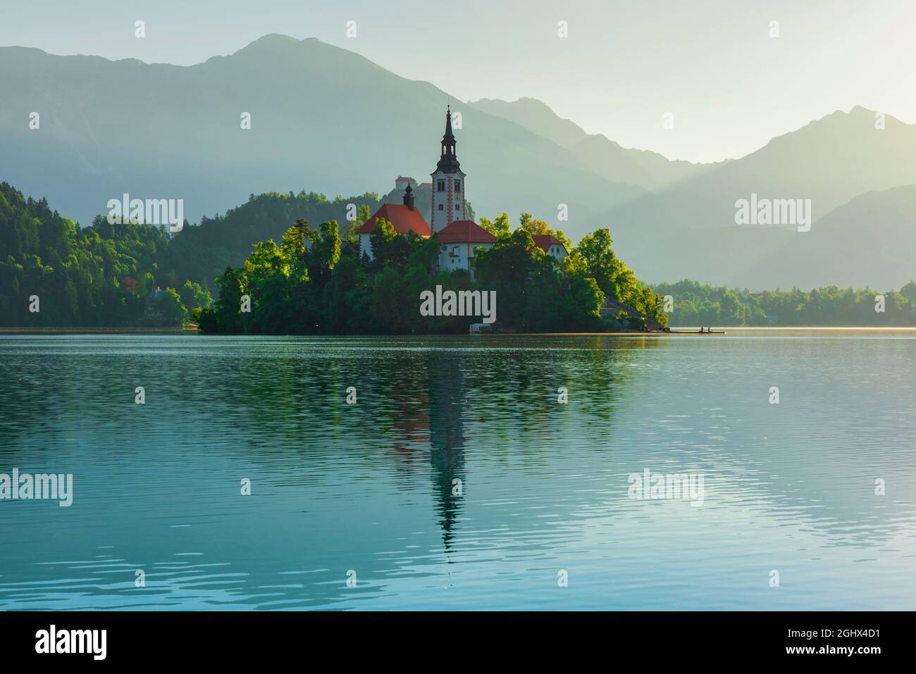 Schöner Blick auf die Wallfahrtskirche Mariä Himmelfahrt auf einer kleinen Insel am Bleder See, Slowenien bei Sonnenaufgang. Reiseziel Stockfoto