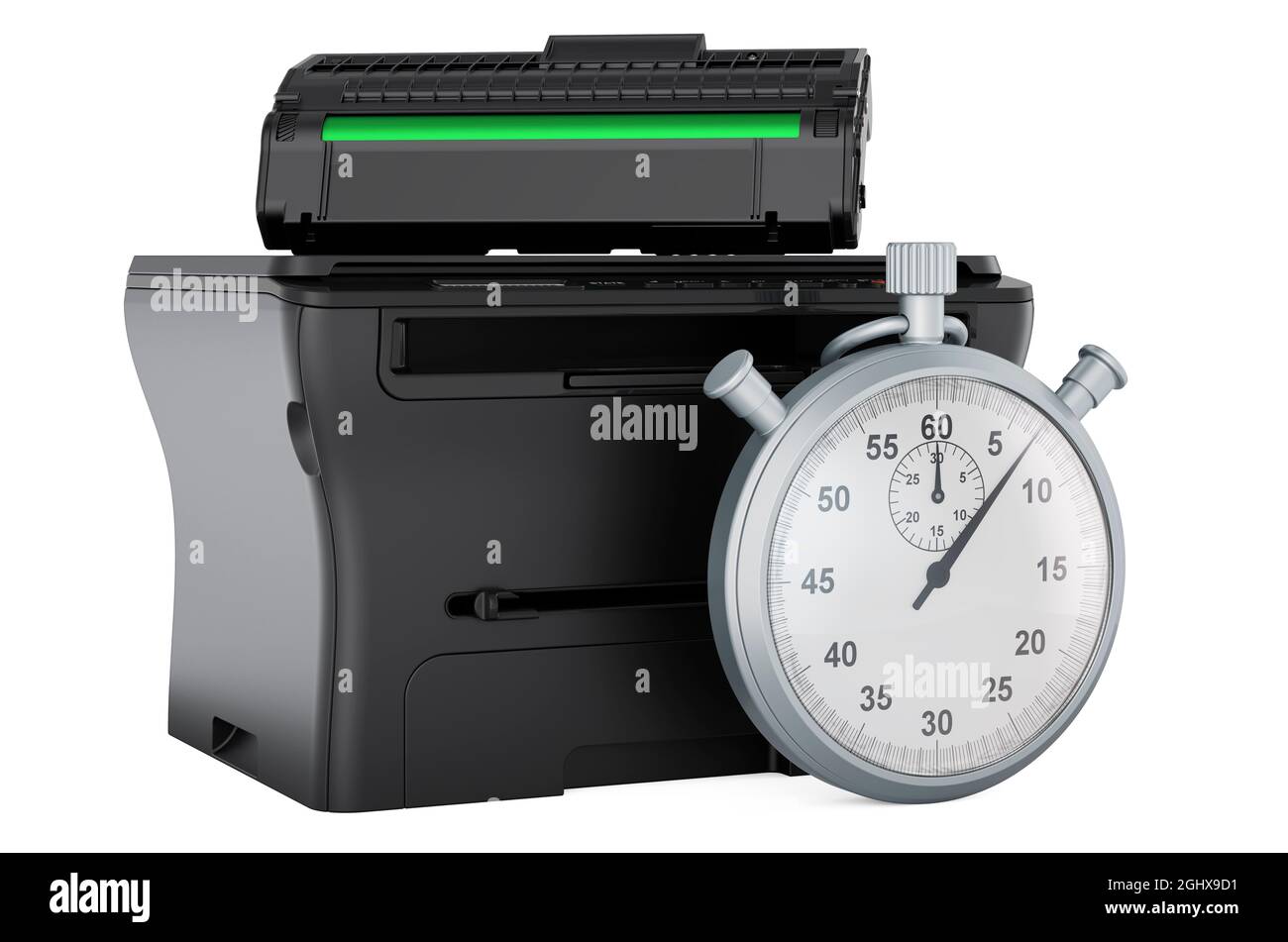 Stoppuhr mit Multifunktionsdrucker MFP, 3D-Rendering isoliert auf weißem Hintergrund Stockfoto