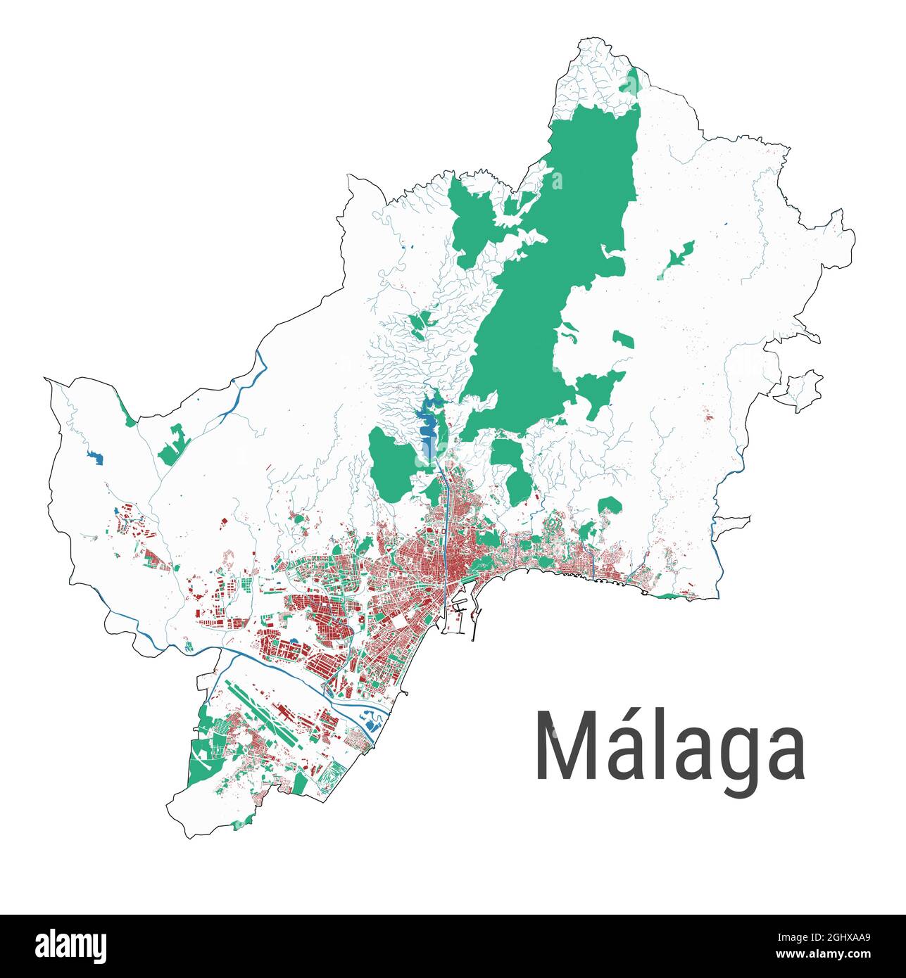 Karte von Malaga. Detaillierte Karte des Verwaltungsgebiets der Stadt Malaga. Stadtbild-Panorama. Lizenzfreie Vektorgrafik. Übersichtskarte mit Autobahnen, Straßen, Stock Vektor