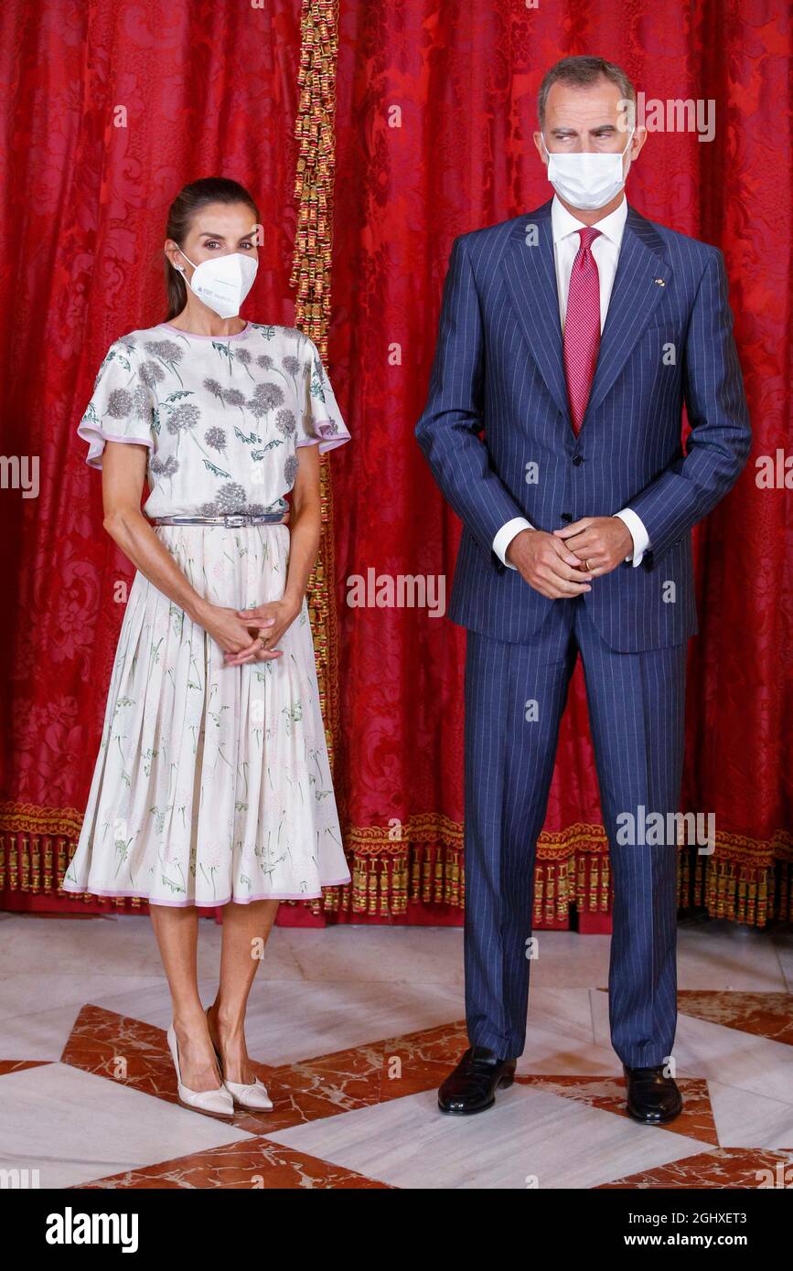 Am 7. September 2021 nehmen König und Königin Letizia von Spanien an einem Mittagessen mit dem Präsidenten von Chile im Königlichen Palast in Madrid, Spanien, Teil. Foto von Archie Andrews/ABACAPRESS.COM Stockfoto