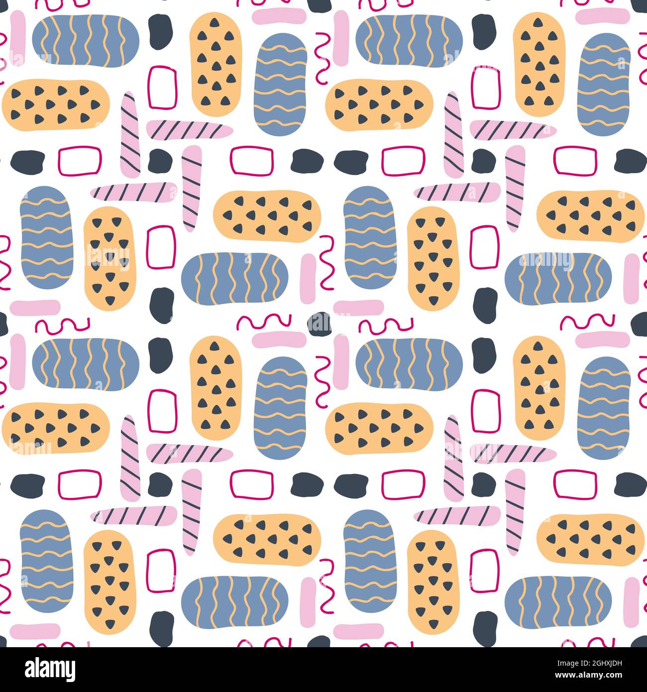 Abstrakte nahtlose Muster mit handgezeichneten strukturierten Punkten, Kurvenlinien und rechteckigen Konturen im modernen memphis-Stil für die Vektor-Illustration von Textil-, Web- und Geschenkpapier-Hintergrund Stock Vektor