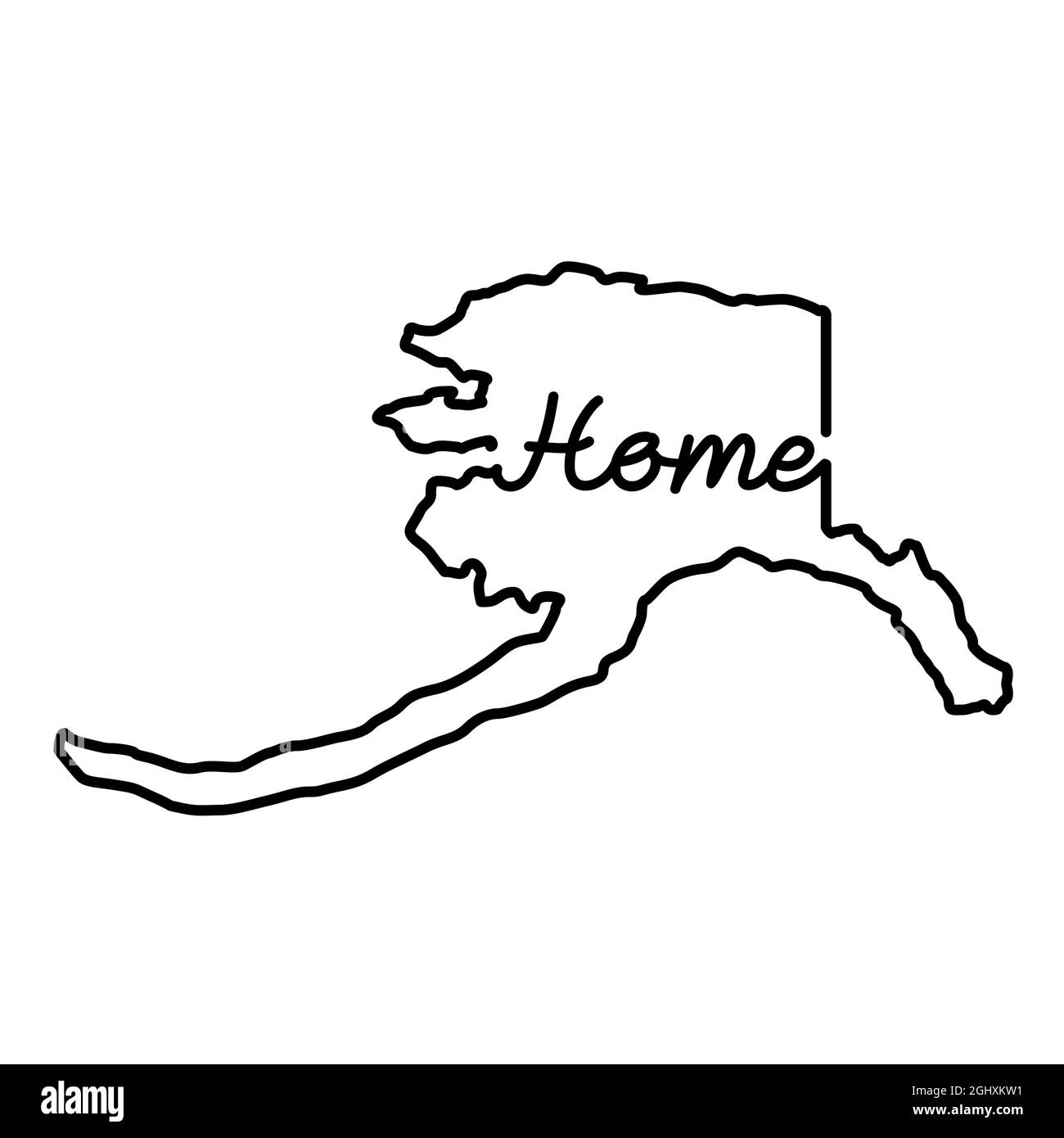 Alaska US State Outline Karte mit dem handschriftlichen HEIMATWORT. Kontinuierliche Linienzeichnung des patriotischen Heimatzeichens. Eine Liebe für eine kleine Heimat. Innendeko Stock Vektor