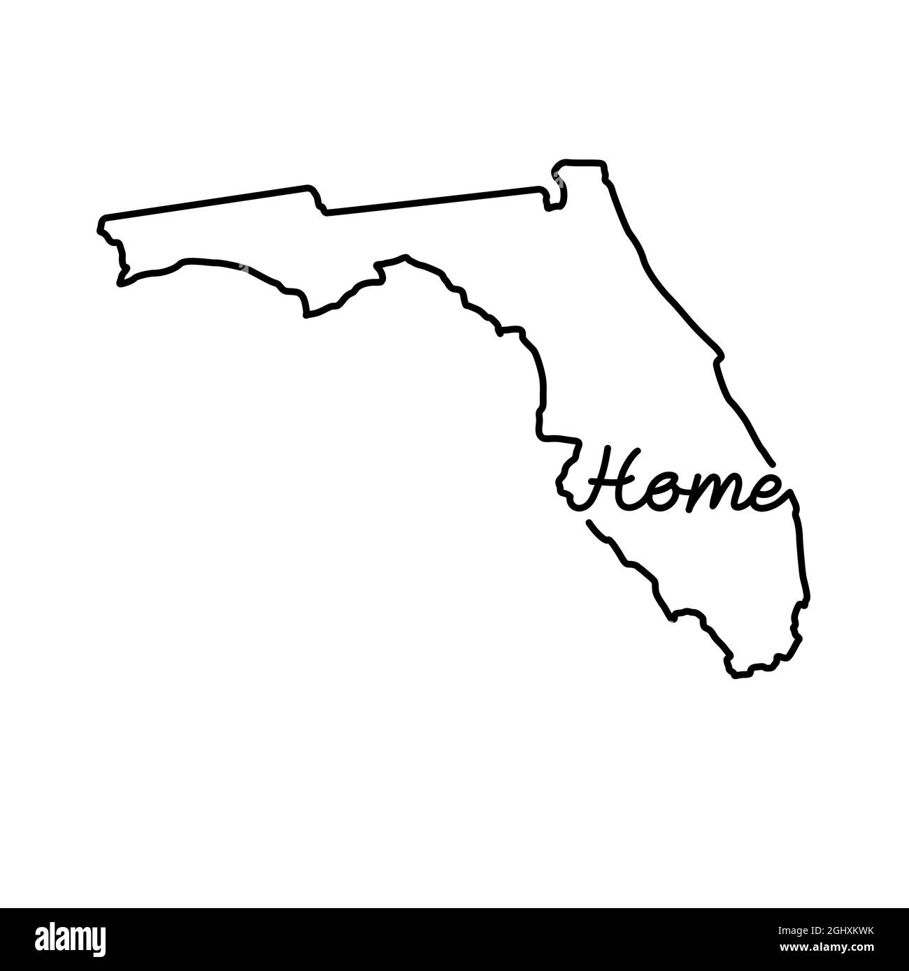 Florida US State Outline Karte mit dem handgeschriebenen WORT ZU HAUSE. Kontinuierliche Linienzeichnung des patriotischen Heimatzeichens. Eine Liebe für eine kleine Heimat. Inneneinrichtung dez Stock Vektor