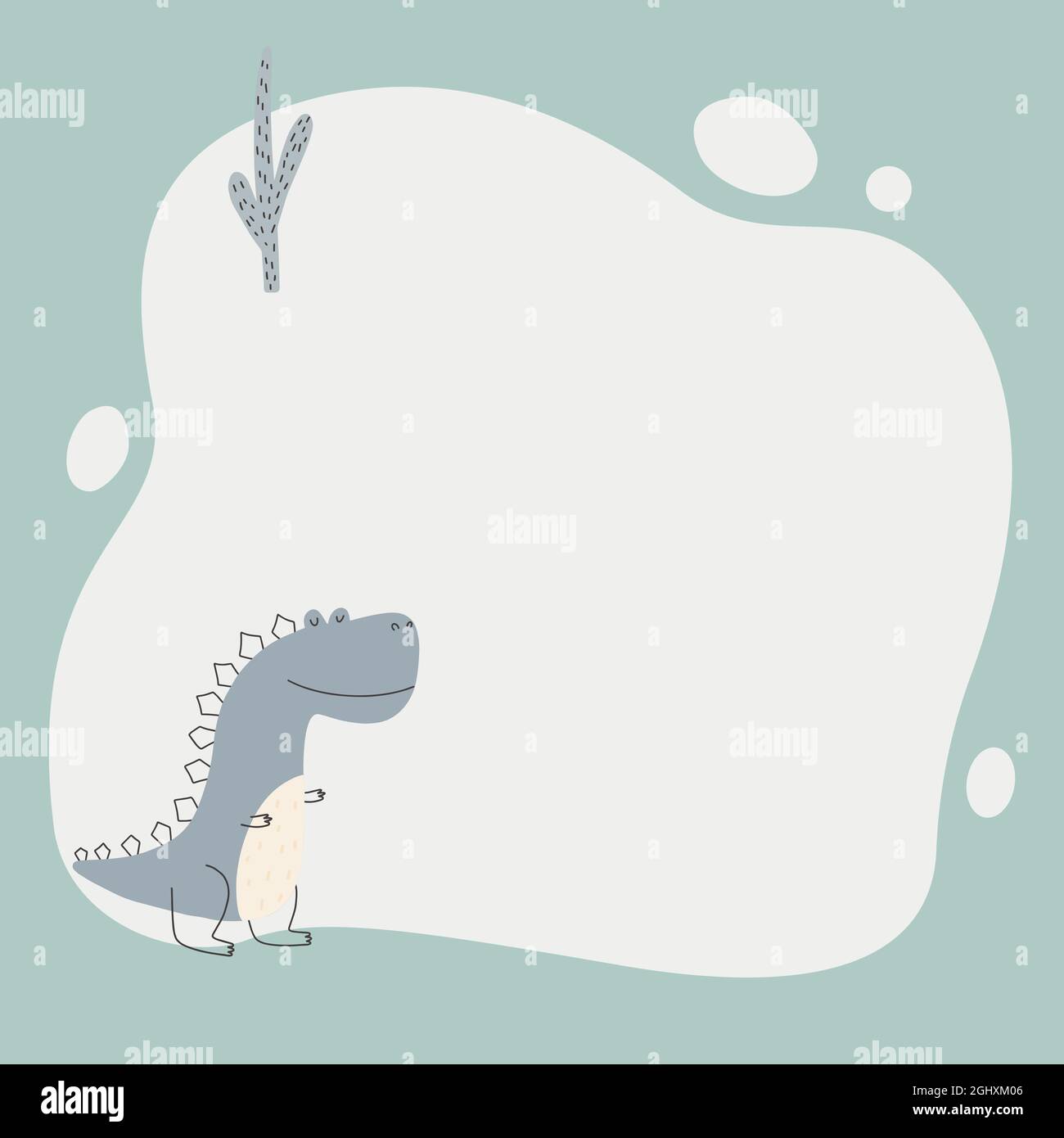 Niedlicher Dinosaurier mit einem Blot-Rahmen im einfachen handgezeichneten Cartoon-Stil. Vorlage für Ihren Text oder Ihr Foto. Ideal für Karten, Einladungen, Partys, Kindergärten Stock Vektor