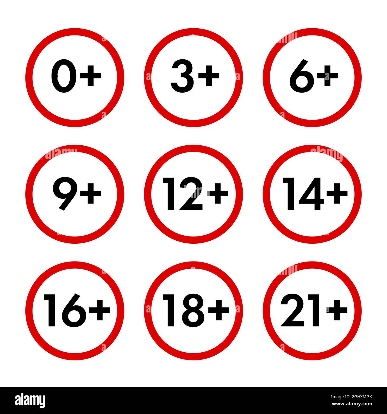 Eine Reihe von Zeichen für Altersbeschränkungen von null bis 21. Rote Kreissymbole. Vektorgrafik. Stock Vektor