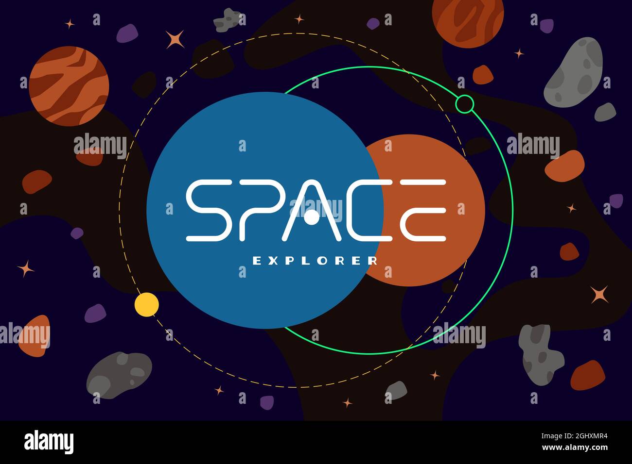 Space Explorer Poster Konzept. Galaxy Exploration Company Logo-Vorlage im Universum mit Himmelskörpern, Astroiden und Nebel. Futuristisches Bannerdesign mit Sternen. Symbol für die Marke Cosmic Travel Stock Vektor