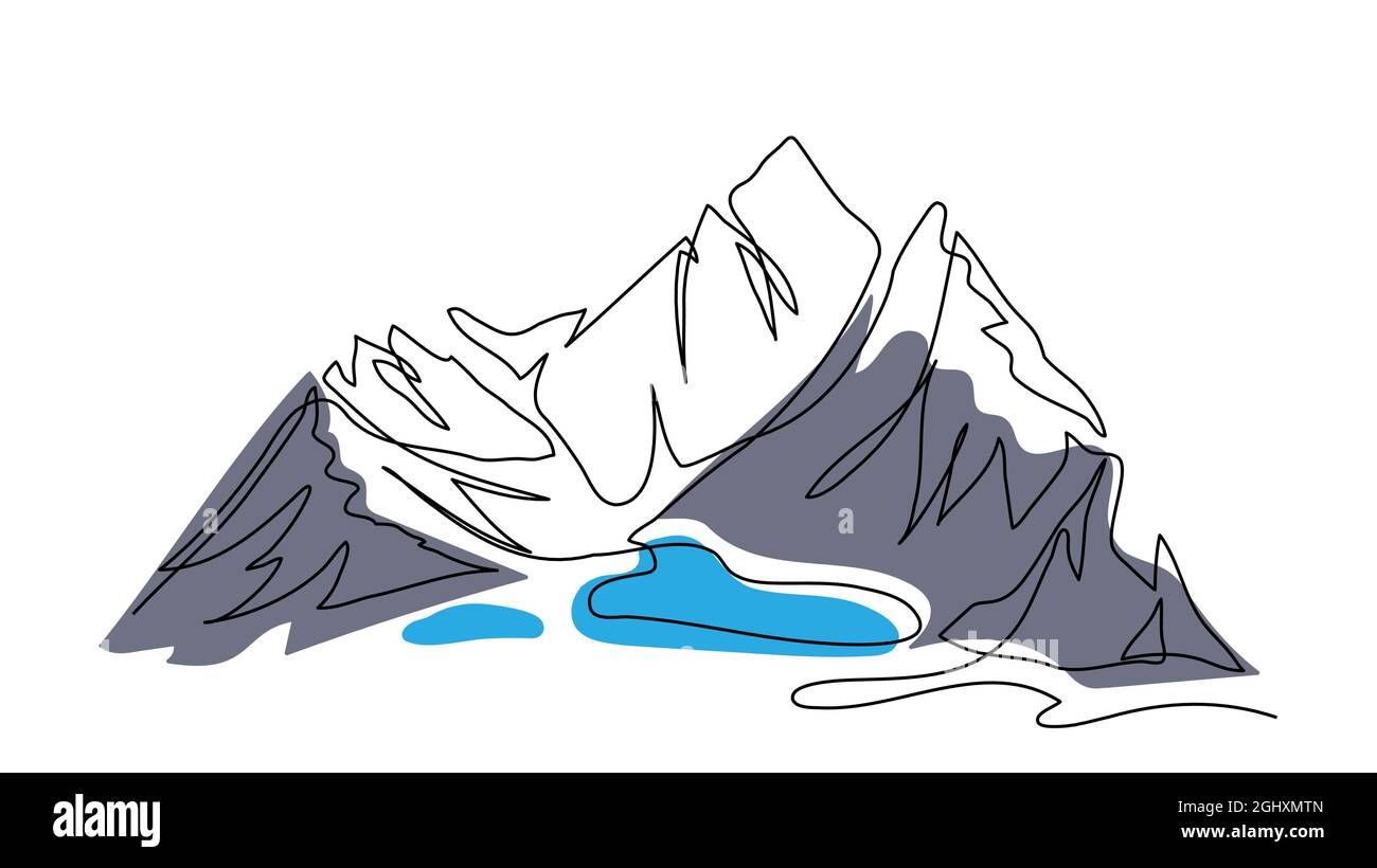 See in den Bergen. Eine fortlaufende Strichzeichnung. Farbvektor, einlinige Ausführung. Etikettendarstellung für Bergwasser Stock Vektor