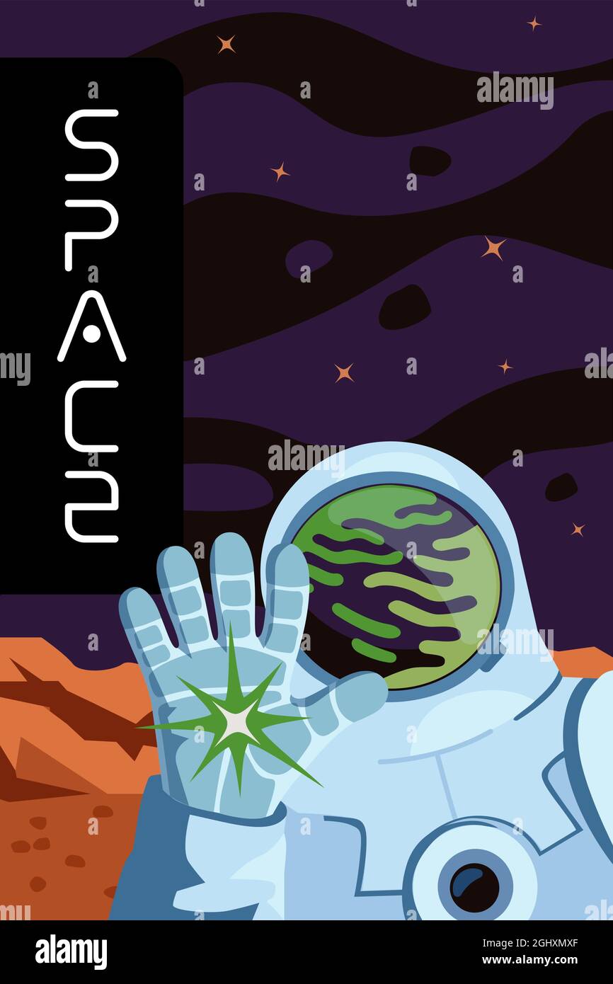 Poster zur Erforschung des Weltraums und zur Besiedlung des Planeten. Astronaut mit Handschuhen begrüßt. Der Kosmonaut im Raumanzügen-Helm auf der Exoplaneten-Landschaft. Suche das Leben im Universum und in der Galaxie und erforsche Vektorbanner Stock Vektor