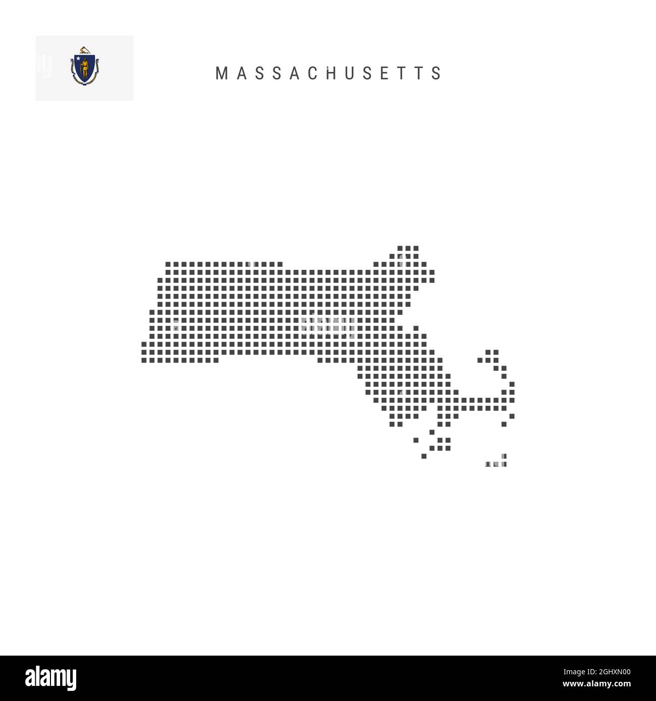 Karte mit quadratischem Punktmuster von Massachusetts. Gepunktete Pixelkarte mit isolierter Flagge auf weißem Hintergrund. Vektorgrafik. Stock Vektor