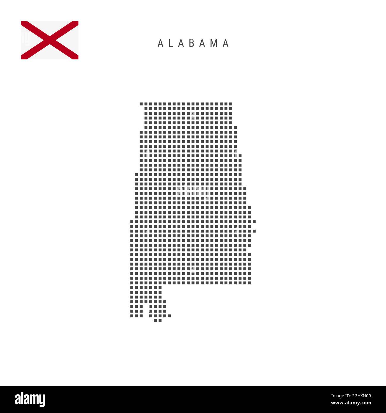 Karte mit quadratischem Punktmuster von Alabama. Gepunktete Pixelkarte mit isolierter Flagge auf weißem Hintergrund. Vektorgrafik. Stock Vektor