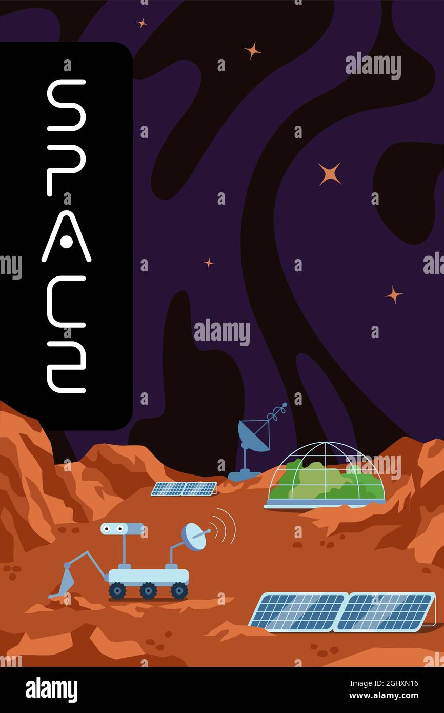 Poster zu Galaxie und Universum. Exoplanet Kolonisation menschliche Raumbasis Plakat. Wissenschaftsstation und Rover auf der Planetenoberfläche. Kolonisatoren erkunden Exoplaneten-Bodenerkundung. Vector eps-Banner Stock Vektor