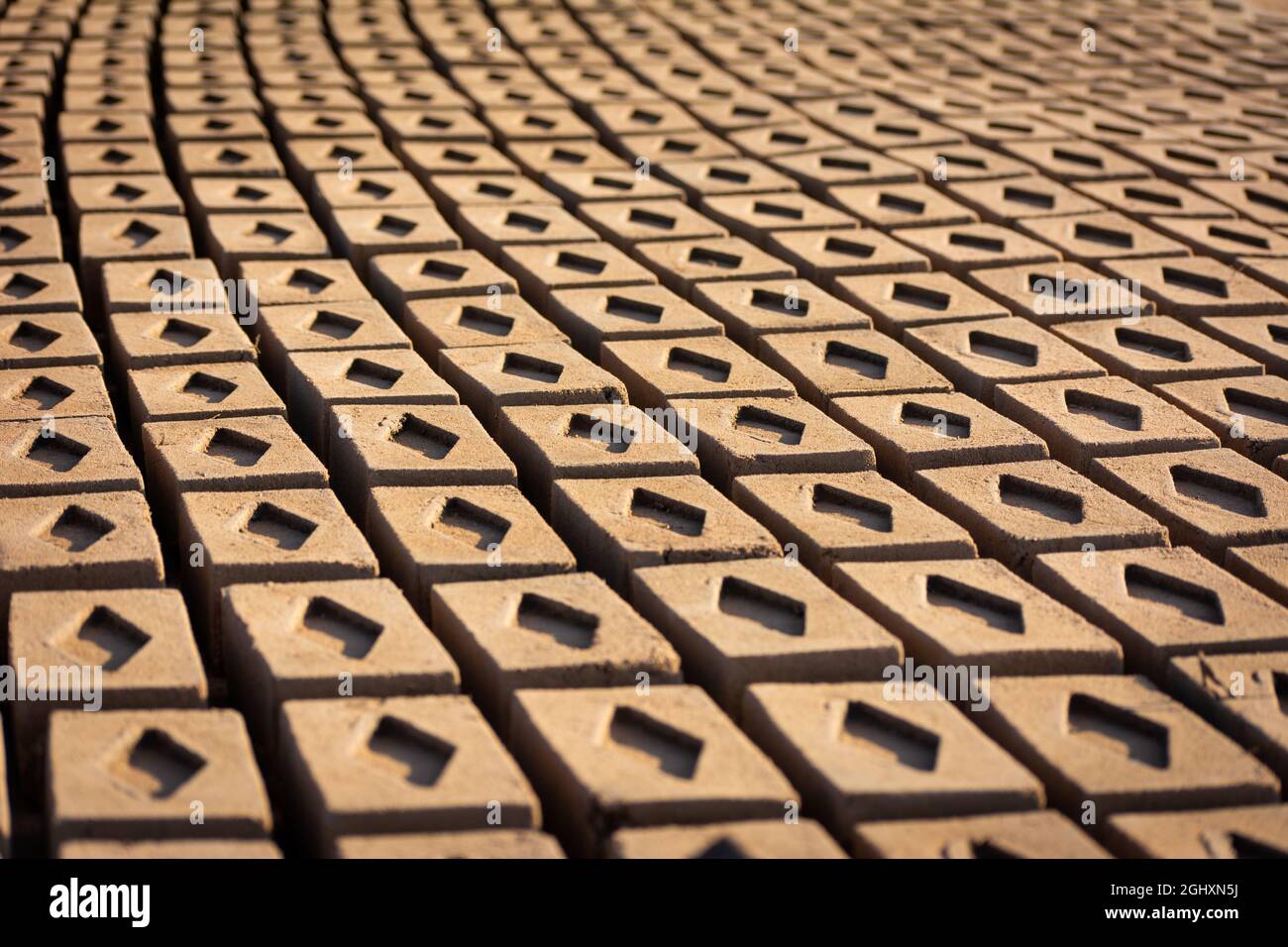 Handgemachte Ziegel aus nassem Ton und Schlamm werden vor dem Brennvorgang zum Trocknen aufbewahrt. Traditionelle Herstellung von Ziegelsteinen in Indien. Stockfoto