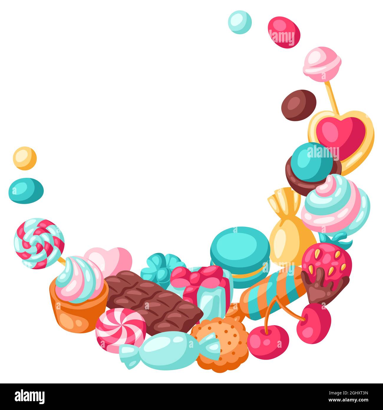 Rahmen mit verschiedenen Süßigkeiten und Süßigkeiten. Stilisierte Illustration für Süßwaren oder Backwaren. Stock Vektor
