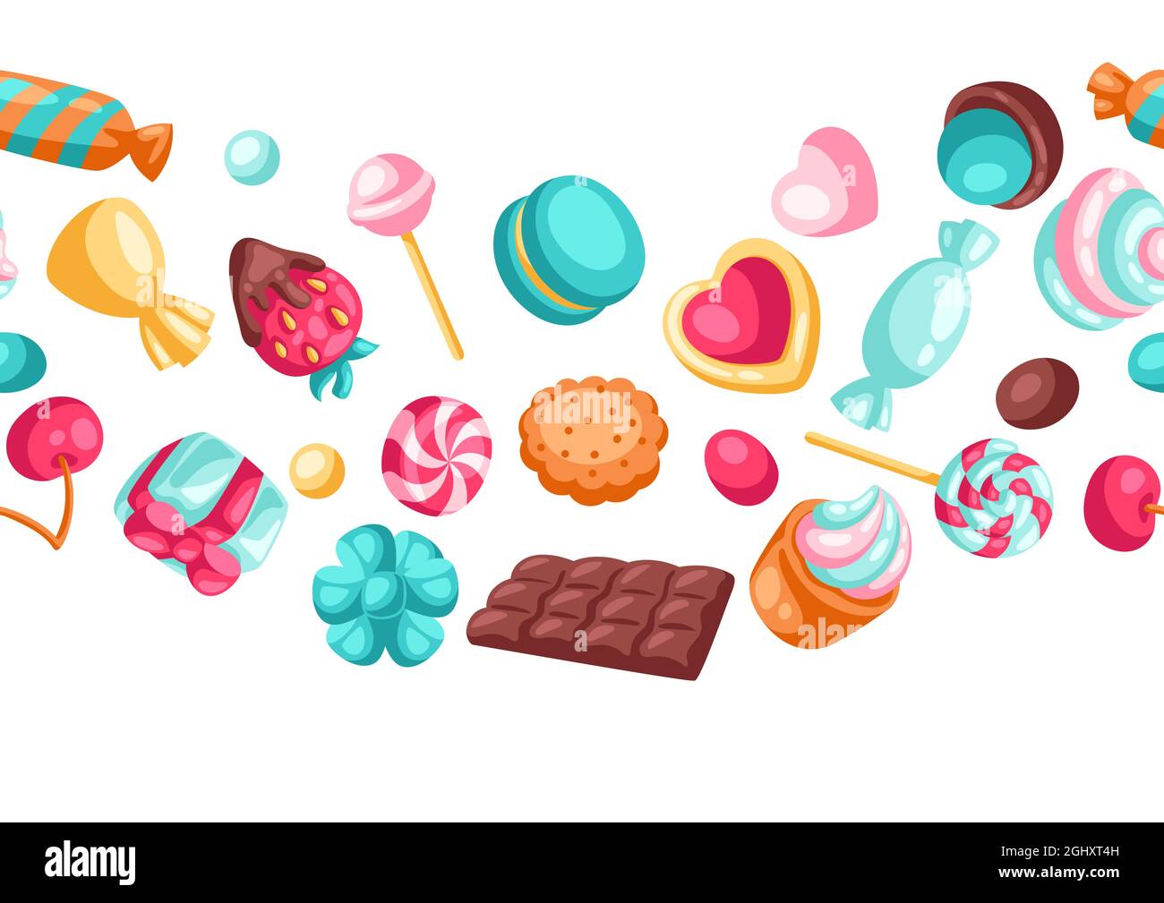 Nahtloses Muster verschiedene Süßigkeiten und Süßigkeiten. Stilisierte Illustration für Süßwaren oder Backwaren. Stock Vektor
