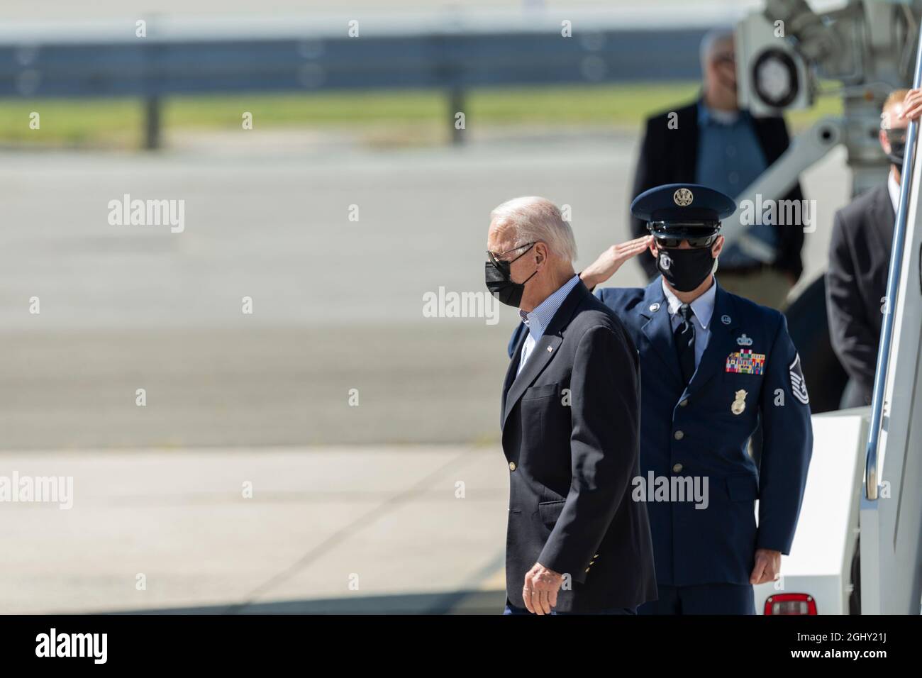 New York, NY - 7. September 2021: Präsident Joe Biden kommt am Flughafen JFK an, um die Schäden des Hurrikans Ida zu untersuchen Stockfoto