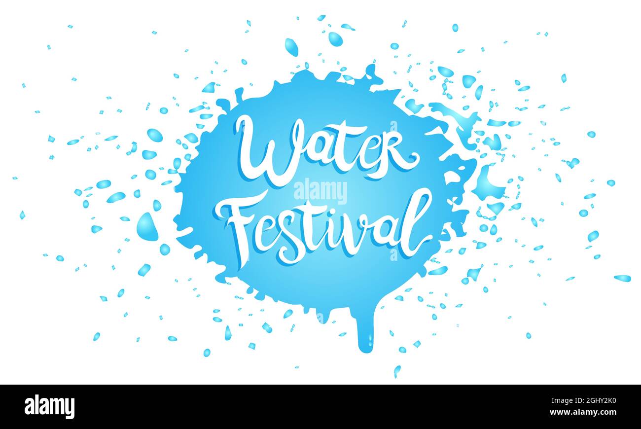 Vektor-Emblem für Songkran-Festival in Thailand. Logo für Wasserfest mit handgezeichntem Schriftzug und Wassertropfen. Stock Vektor