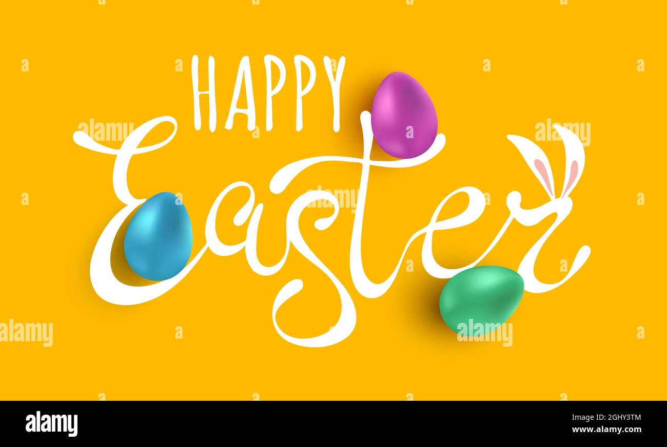 Vektor-Banner mit Handzeichnung Buchstaben von Happy Easter und bunten Eiern. Frohe Ostern 2025. Stock Vektor