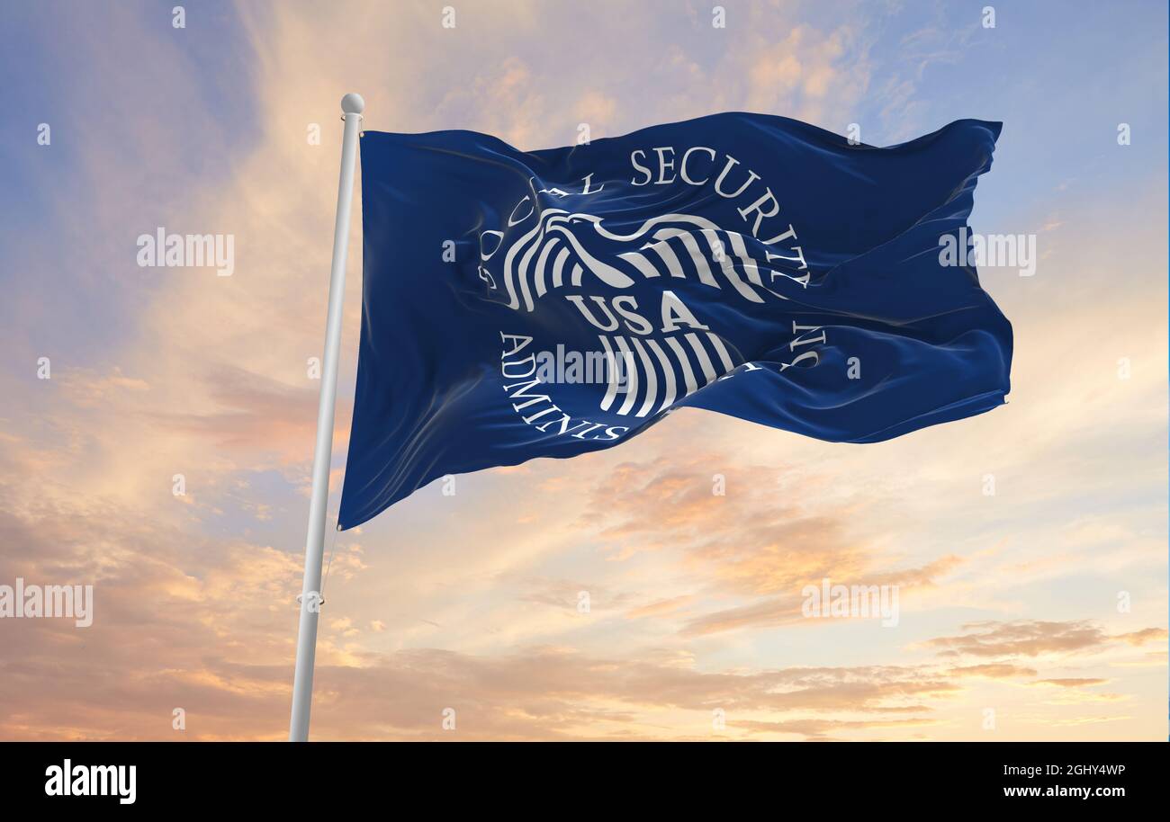 Minsk, Weißrussland - Mai, 2021: Die Flagge der US-Sozialversicherungsverwaltung winkt im Wind. US-Abteilungen. Speicherplatz kopieren. 3d-Abbildung, Stockfoto Minsk, Weißrussland - Mai, 2021: Die Flagge der US-Sozialversicherungsverwaltung winkt im Wind. US-Abteilungen. Speicherplatz kopieren. 3d-Abbildung, Stockfoto